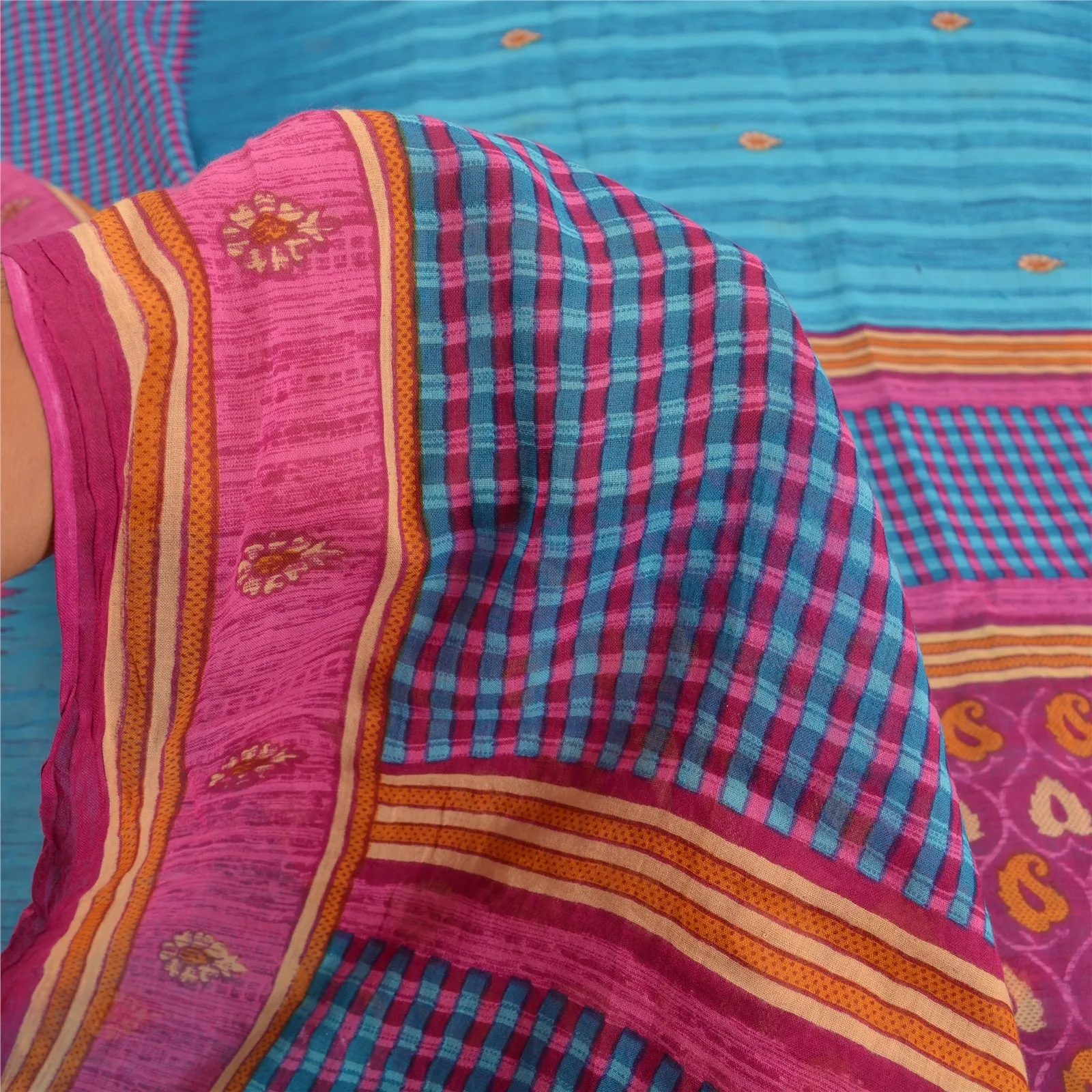 Sanskriti Vintage Blue/Pink Sarees 100% Pure Cotton Printed Sari Craft Fabric