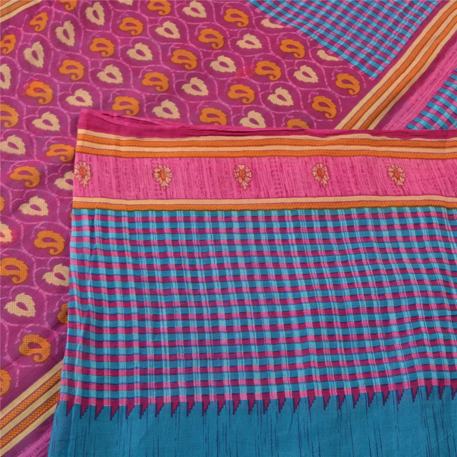 Sanskriti Vintage Blue/Pink Sarees 100% Pure Cotton Printed Sari Craft Fabric