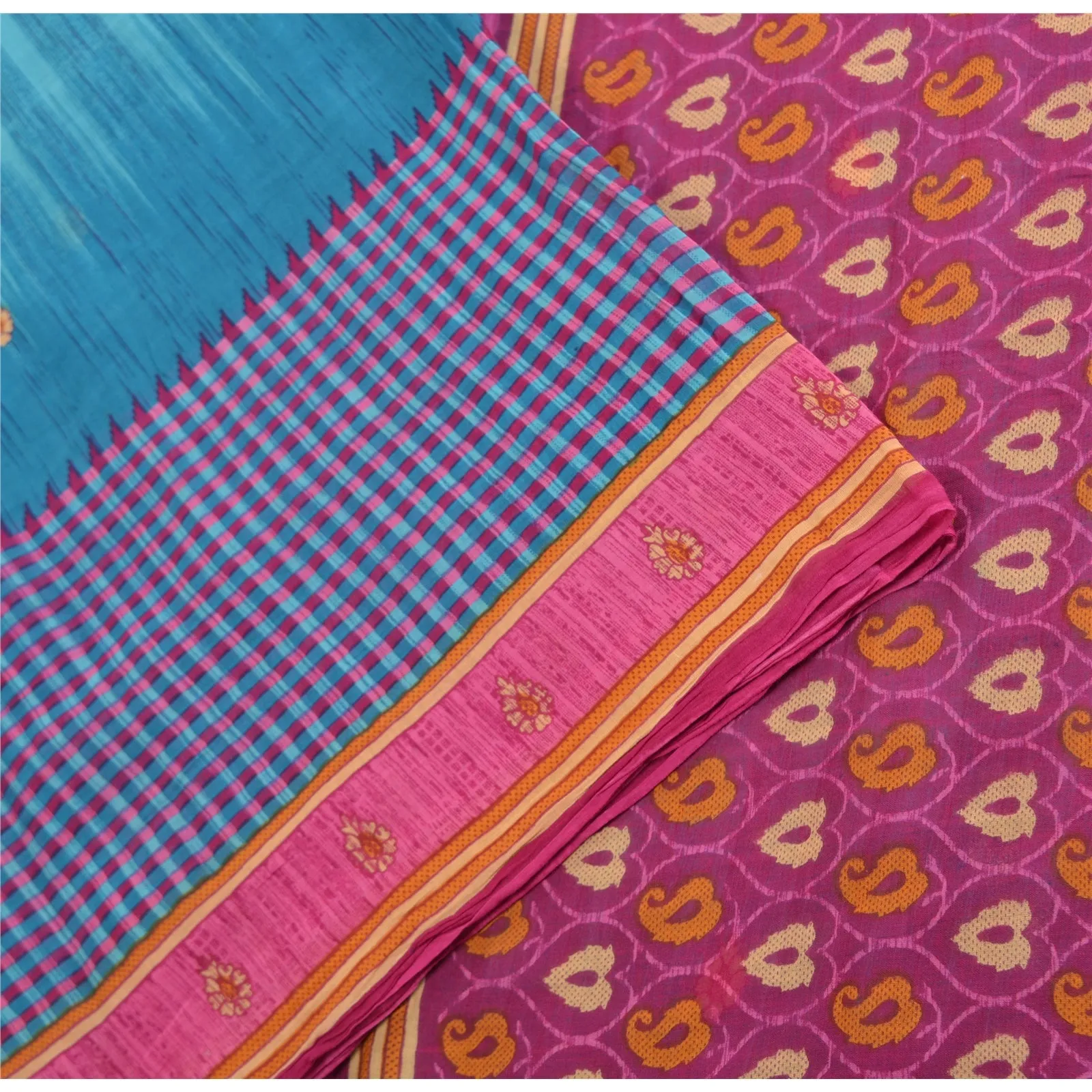 Sanskriti Vintage Blue/Pink Sarees 100% Pure Cotton Printed Sari Craft Fabric