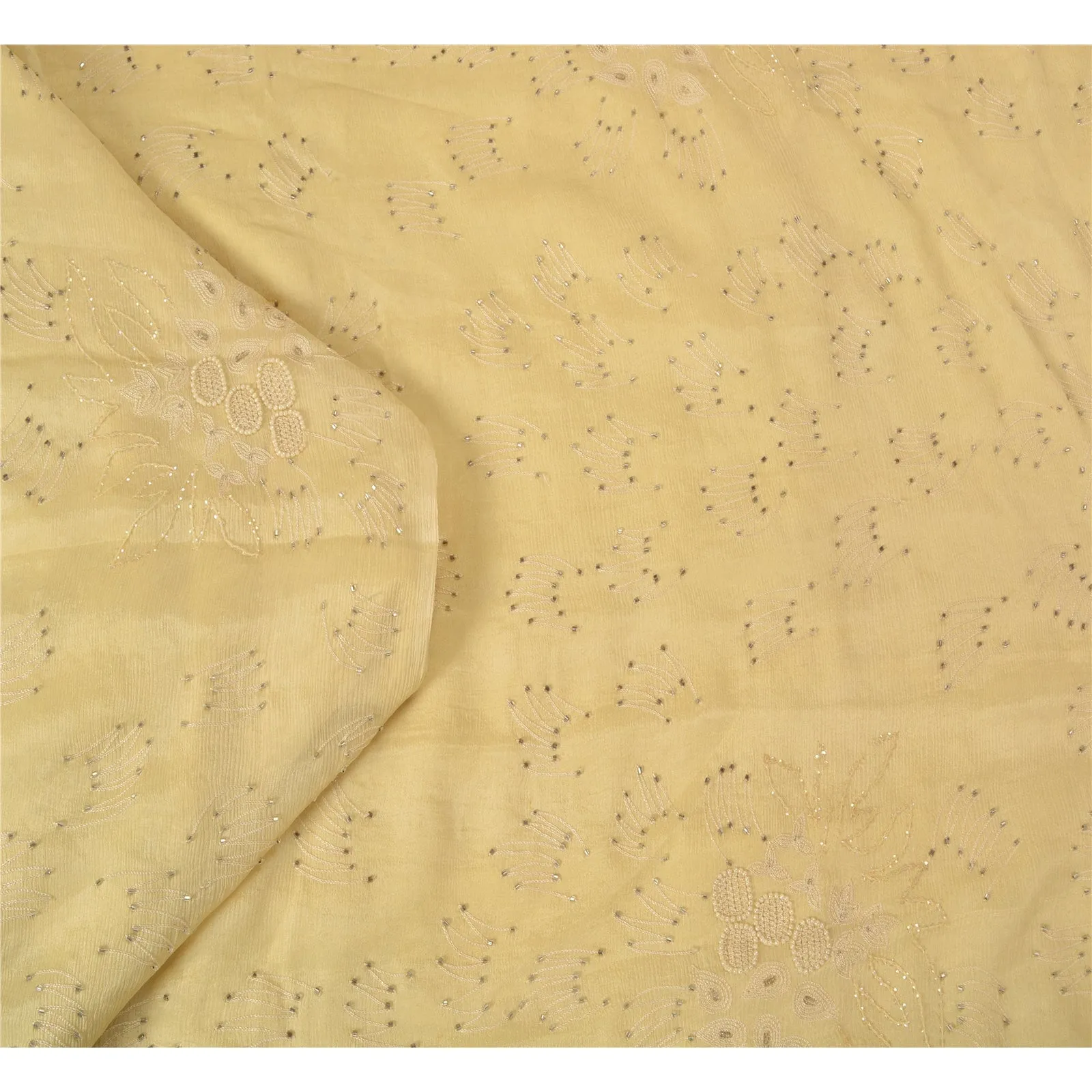 Sanskriti Vintage Cream Sarees Pure Chiffon Silk Hand Beaded Premium Sari Fabric