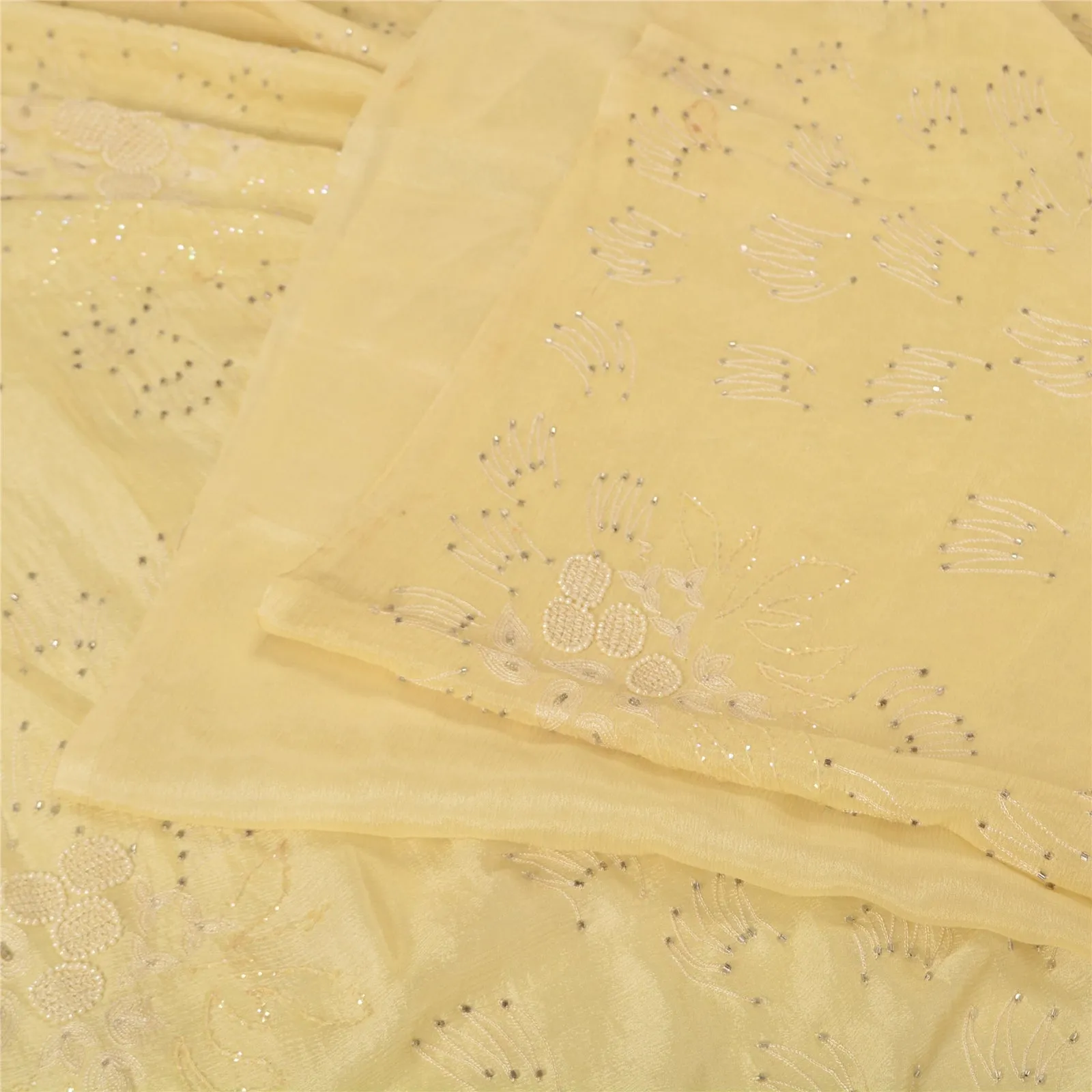 Sanskriti Vintage Cream Sarees Pure Chiffon Silk Hand Beaded Premium Sari Fabric