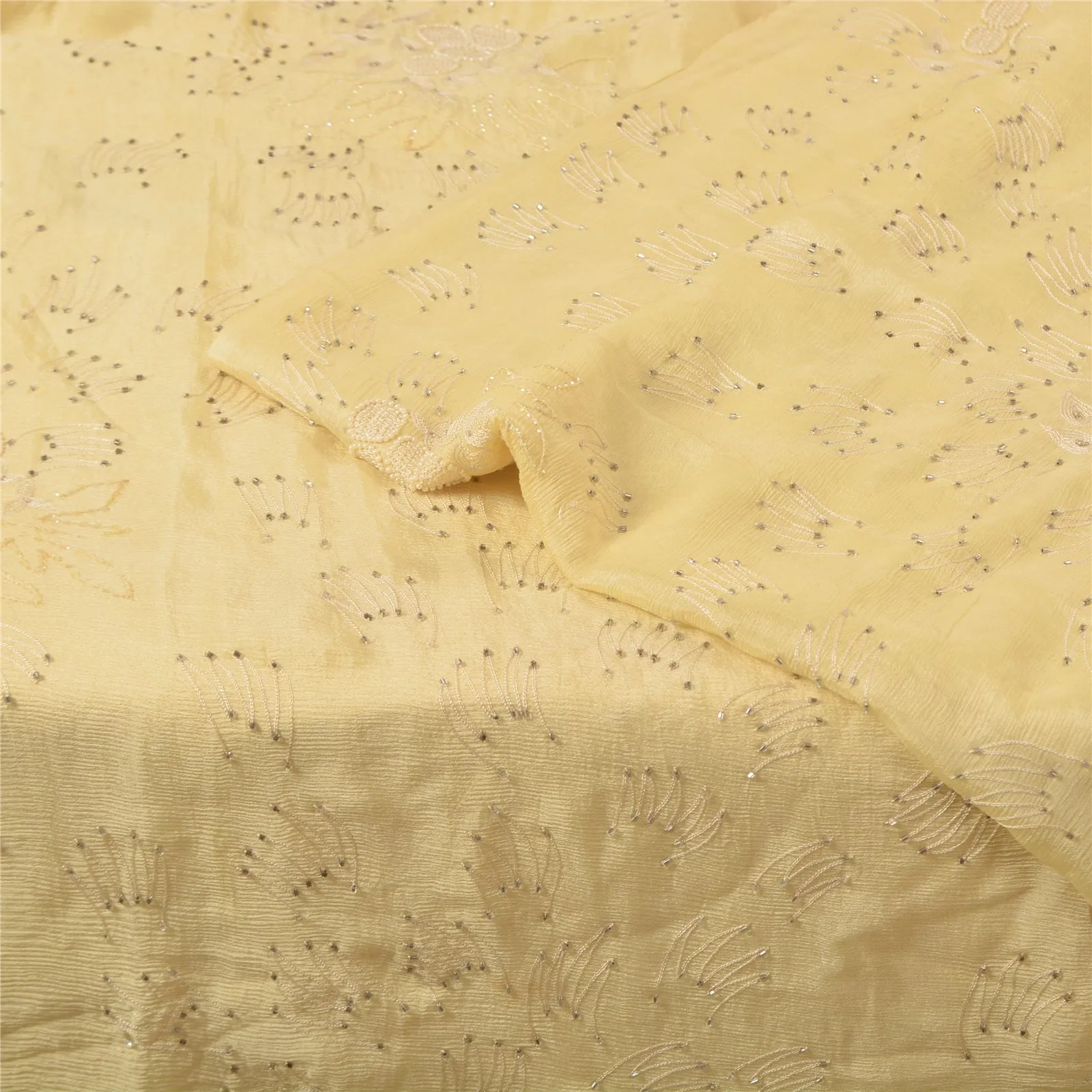 Sanskriti Vintage Cream Sarees Pure Chiffon Silk Hand Beaded Premium Sari Fabric