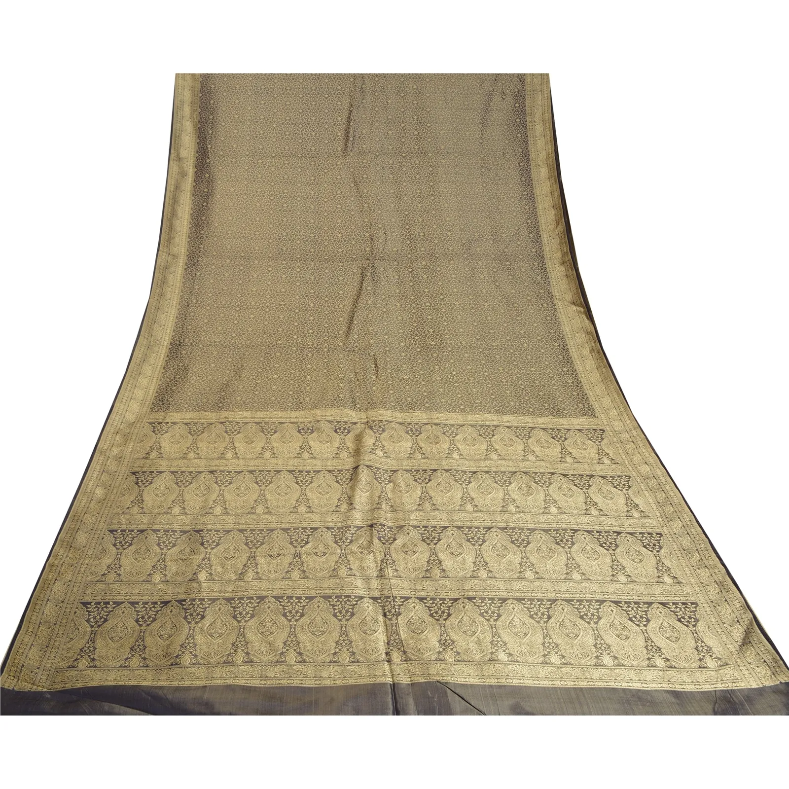 Sanskriti Vintage Grey Indian Sarees Pure Satin Silk Woven Premium Sari Fabric