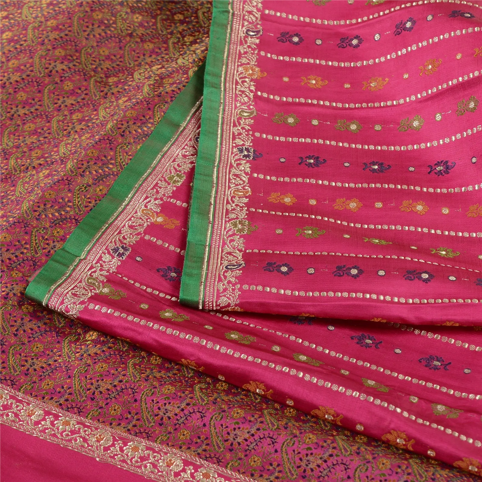 Sanskriti Vintage Pink Sarees Pure Satin Silk Woven Tanchoi Brocade Sari Fabric