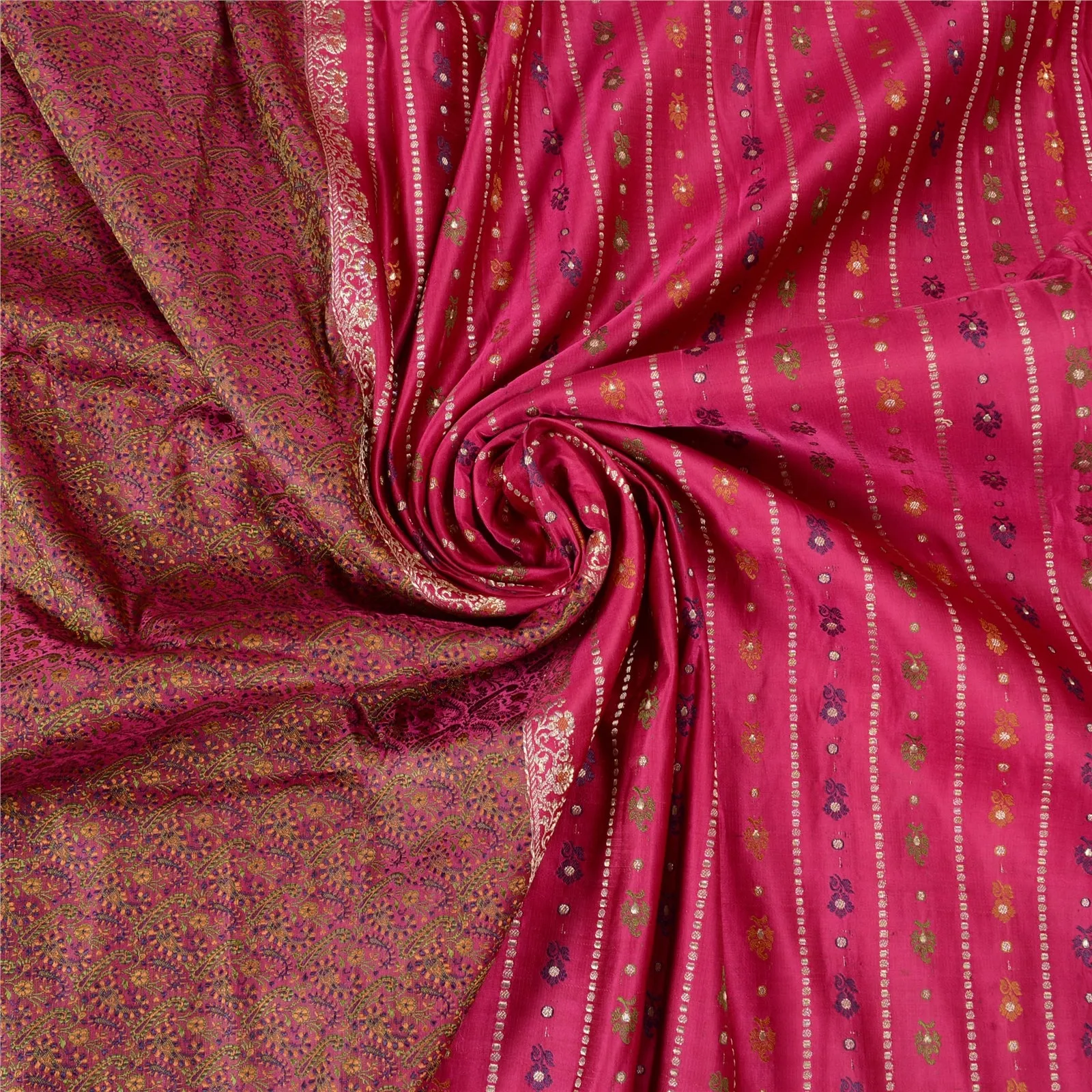 Sanskriti Vintage Pink Sarees Pure Satin Silk Woven Tanchoi Brocade Sari Fabric