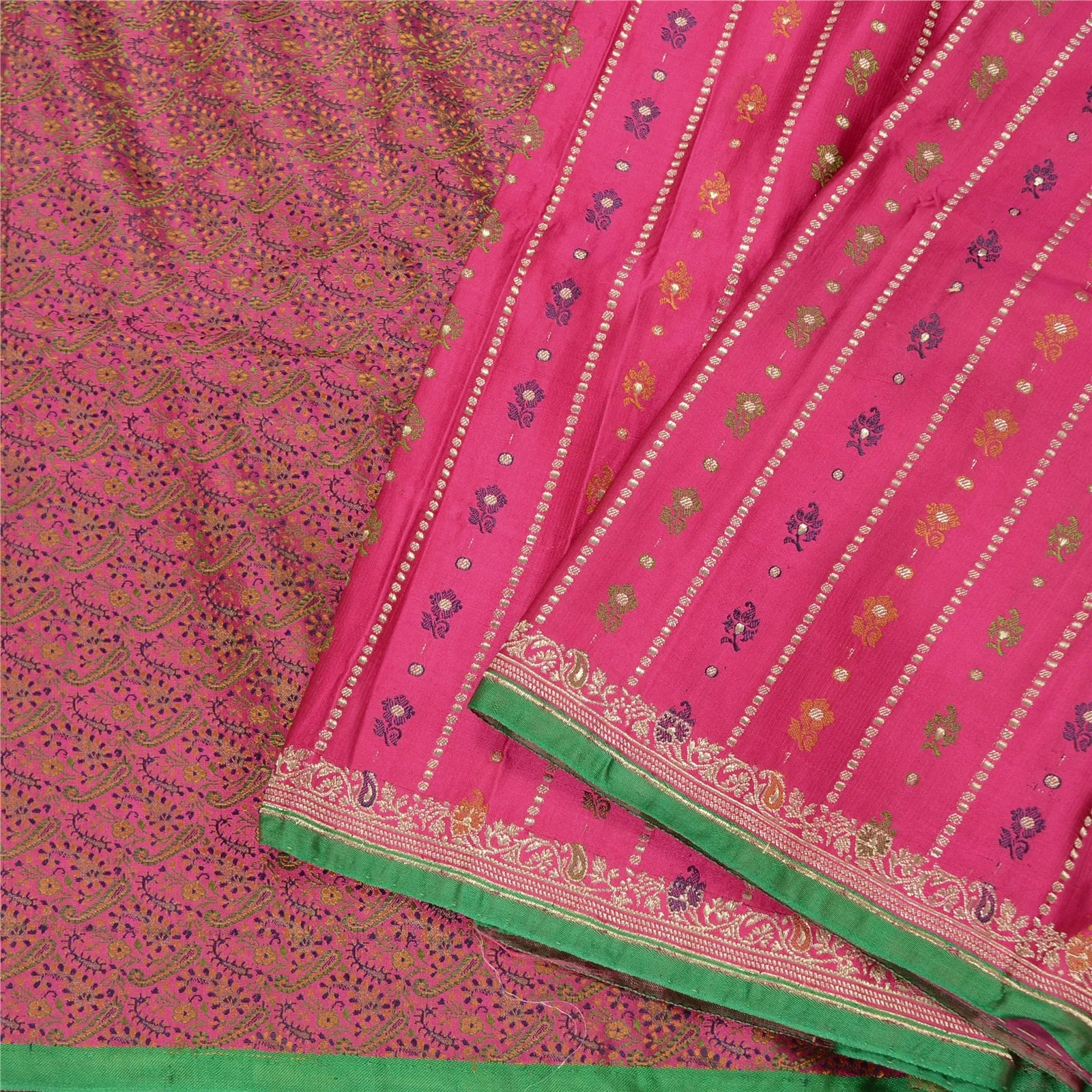 Sanskriti Vintage Pink Sarees Pure Satin Silk Woven Tanchoi Brocade Sari Fabric