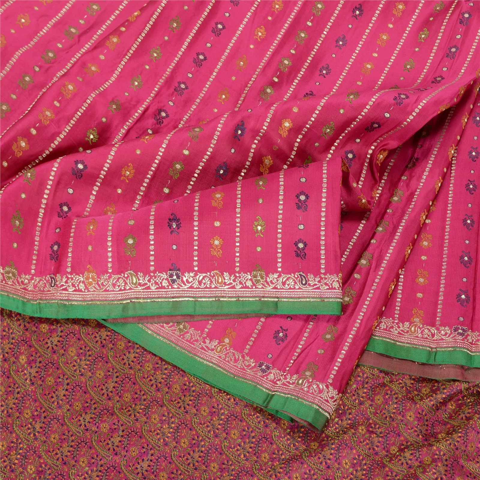 Sanskriti Vintage Pink Sarees Pure Satin Silk Woven Tanchoi Brocade Sari Fabric