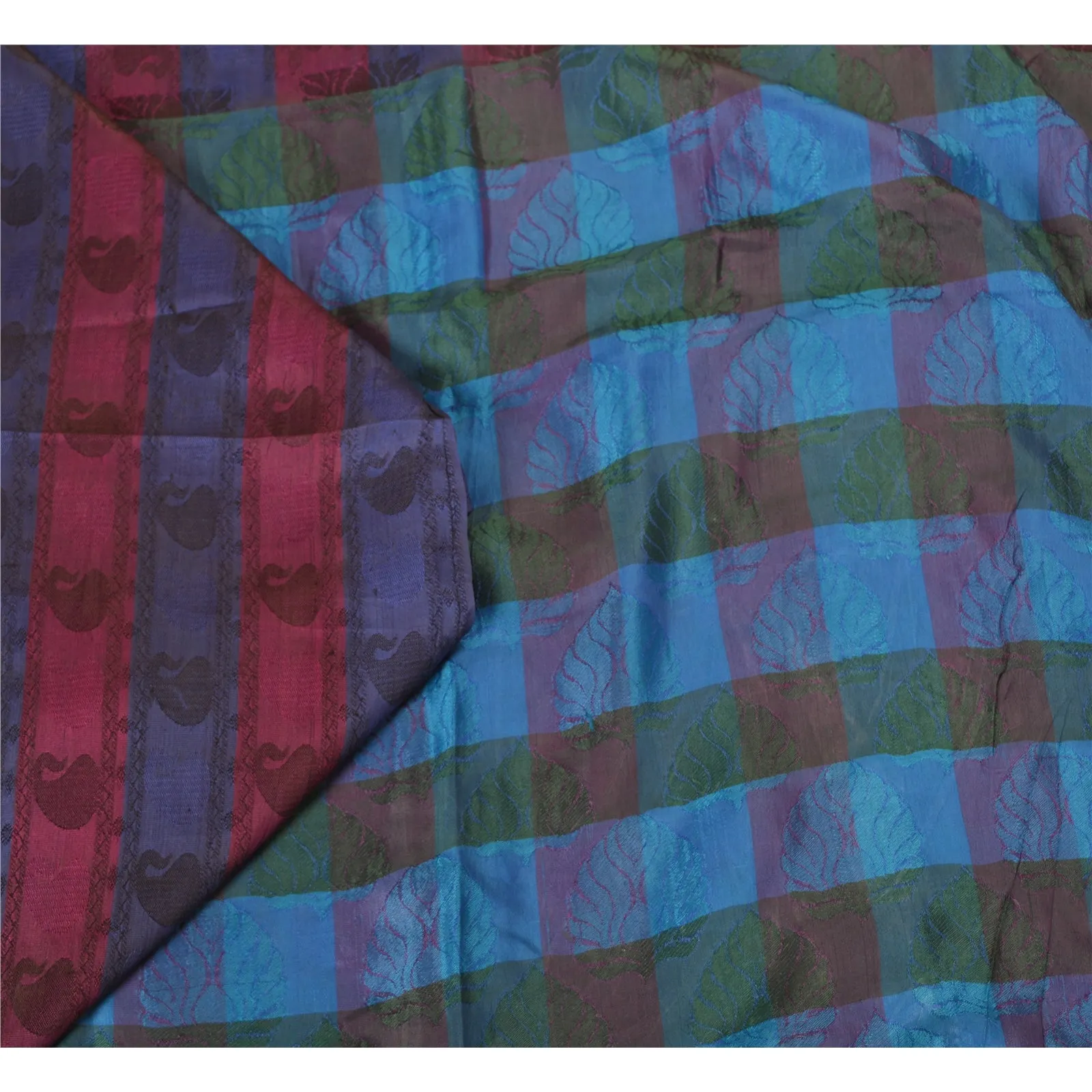 Sanskriti Vintage Purple/Blue Indian Sarees 100% Pure Silk Woven Sari Fabric