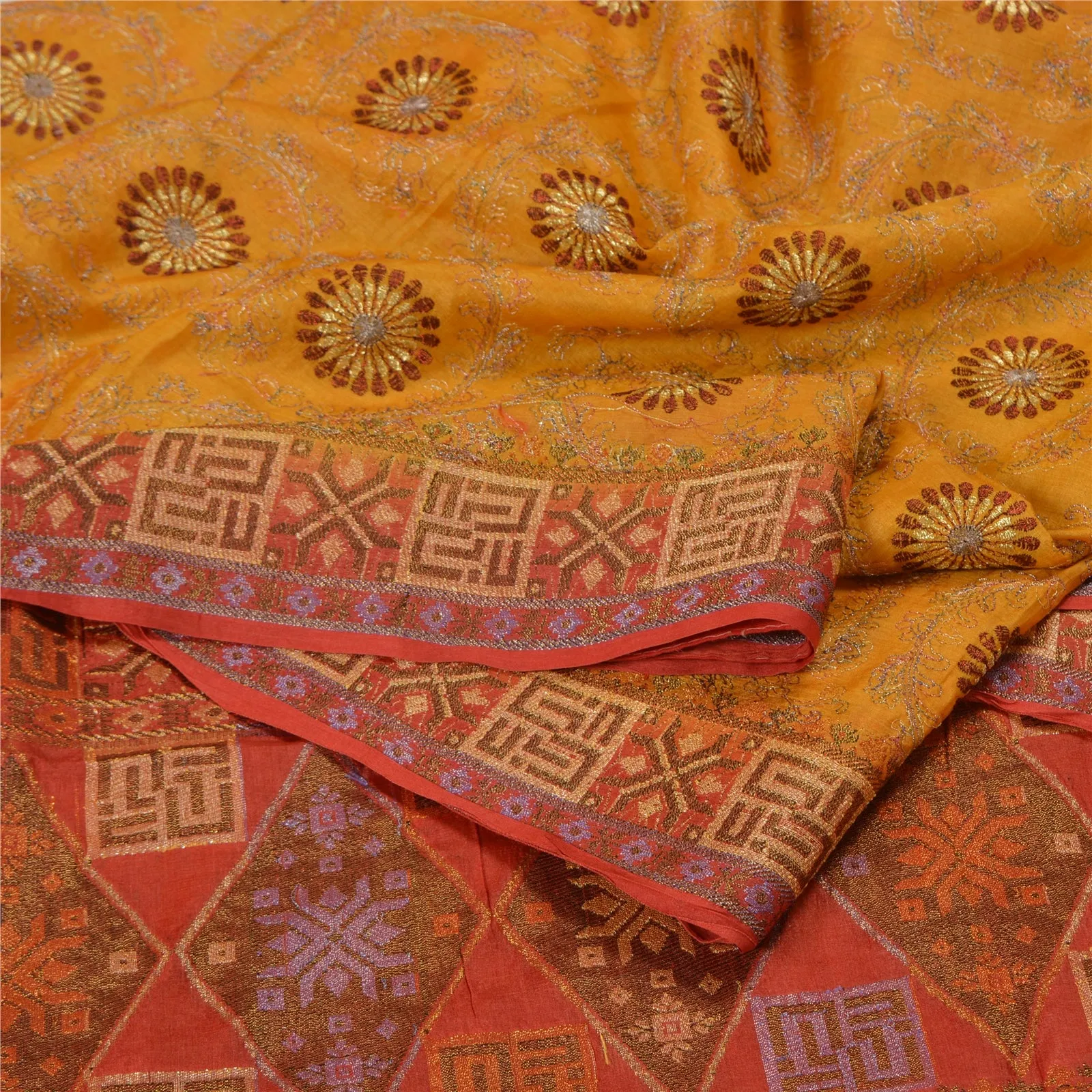 Sanskriti Vintage Saffron/Red Sarees 100% Pure Silk Woven Premium Sari Fabric