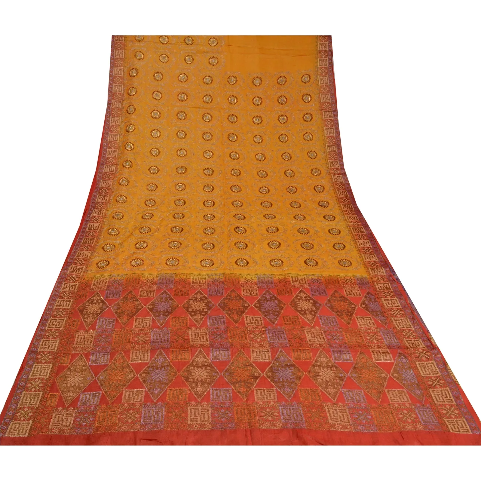 Sanskriti Vintage Saffron/Red Sarees 100% Pure Silk Woven Premium Sari Fabric