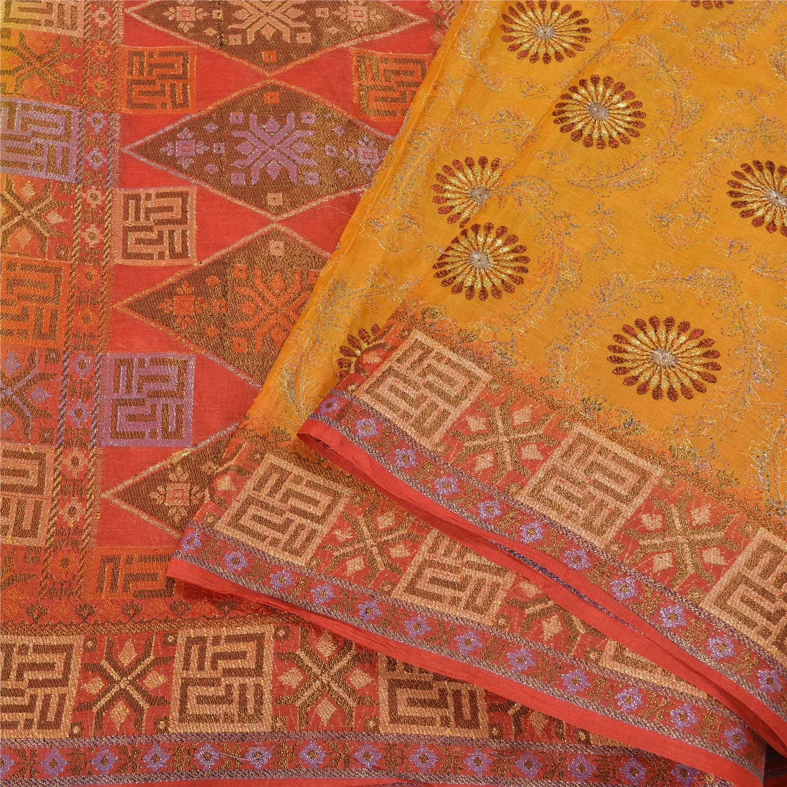 Sanskriti Vintage Saffron/Red Sarees 100% Pure Silk Woven Premium Sari Fabric