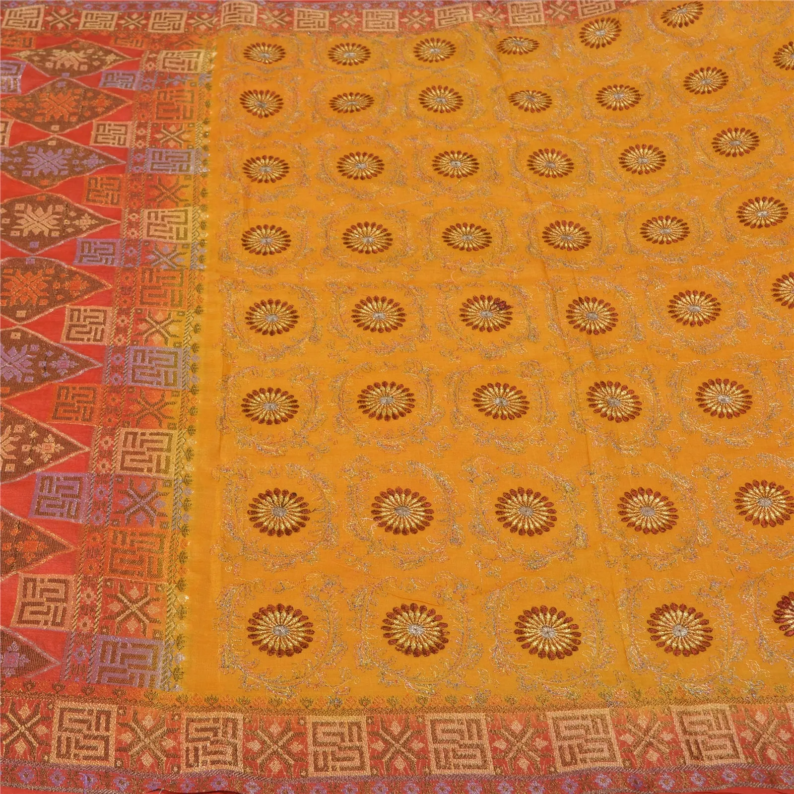 Sanskriti Vintage Saffron/Red Sarees 100% Pure Silk Woven Premium Sari Fabric