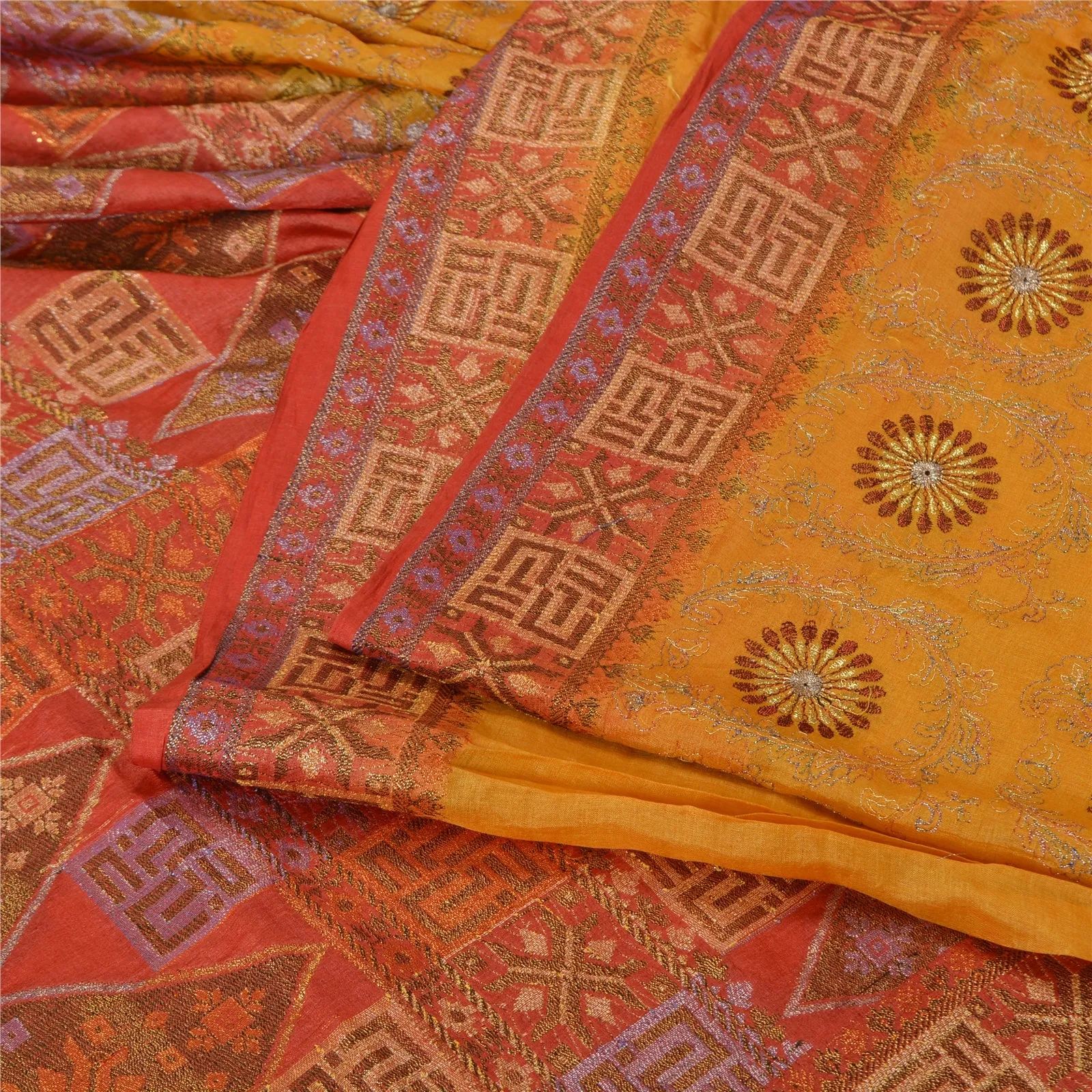 Sanskriti Vintage Saffron/Red Sarees 100% Pure Silk Woven Premium Sari Fabric