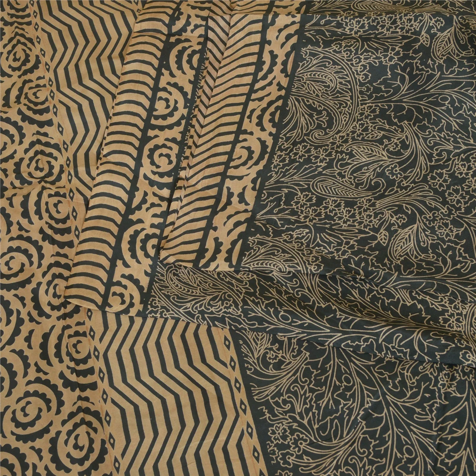 Sanskriti Vintage Sarees Black/Cream 100% Pure Silk Printed Sari Craft Fabric