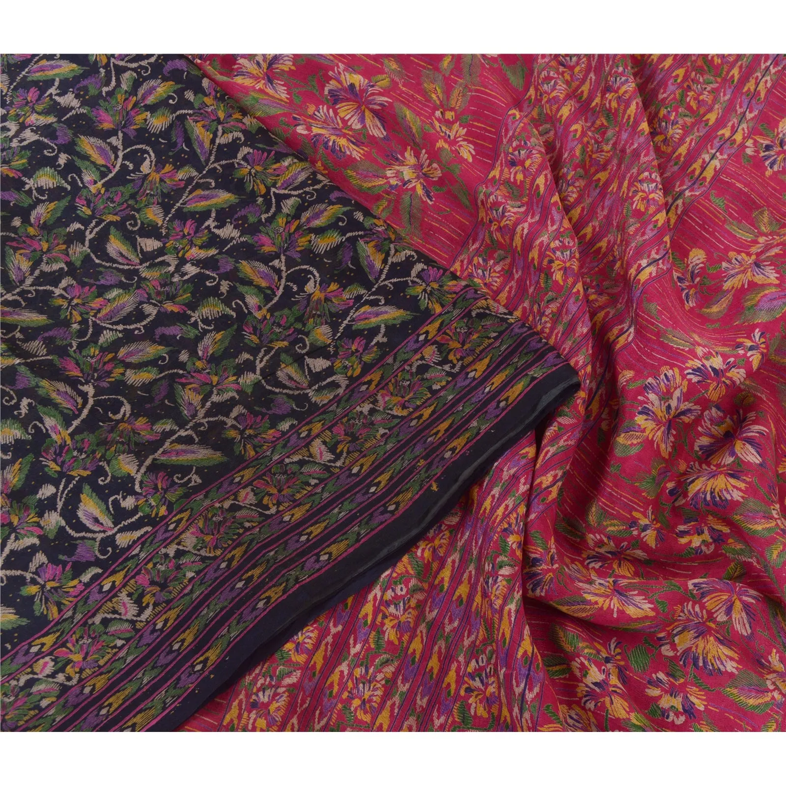 Sanskriti Vintage Sarees Black/Pink 100% Pure Silk Printed Sari 5YD Craft Fabric