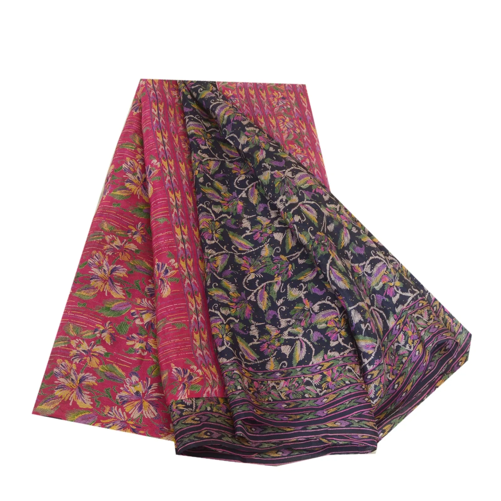 Sanskriti Vintage Sarees Black/Pink 100% Pure Silk Printed Sari 5YD Craft Fabric