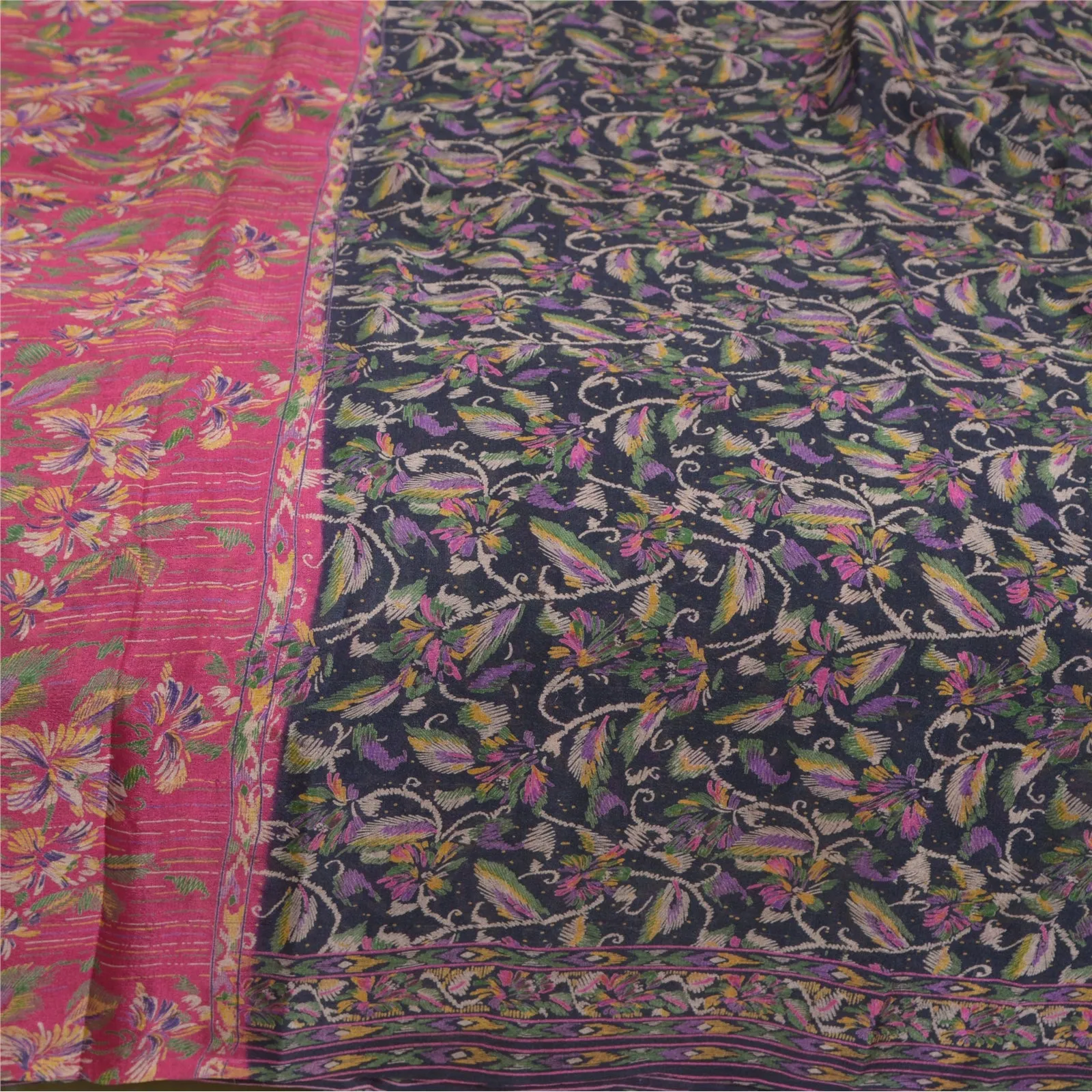 Sanskriti Vintage Sarees Black/Pink 100% Pure Silk Printed Sari 5YD Craft Fabric