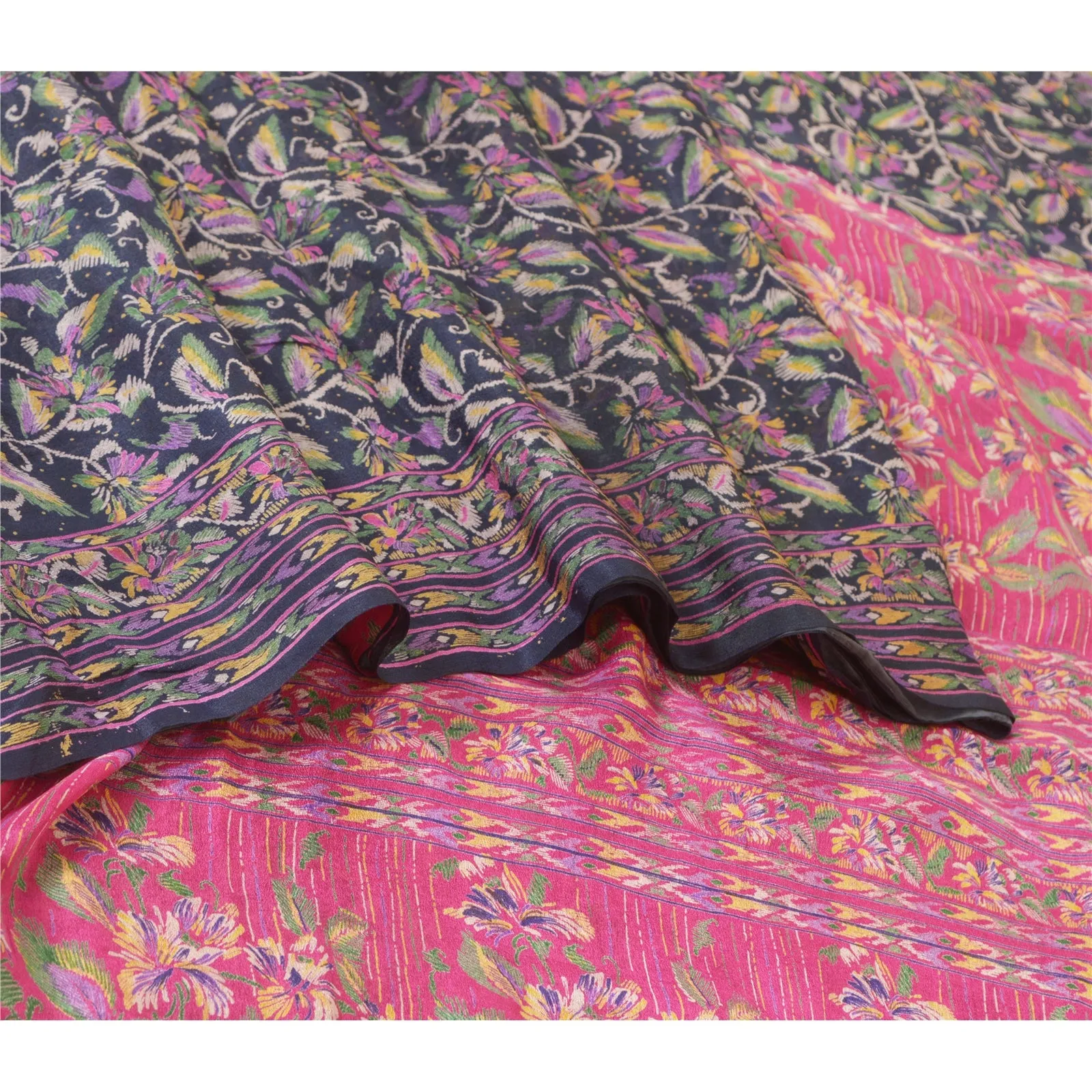 Sanskriti Vintage Sarees Black/Pink 100% Pure Silk Printed Sari 5YD Craft Fabric