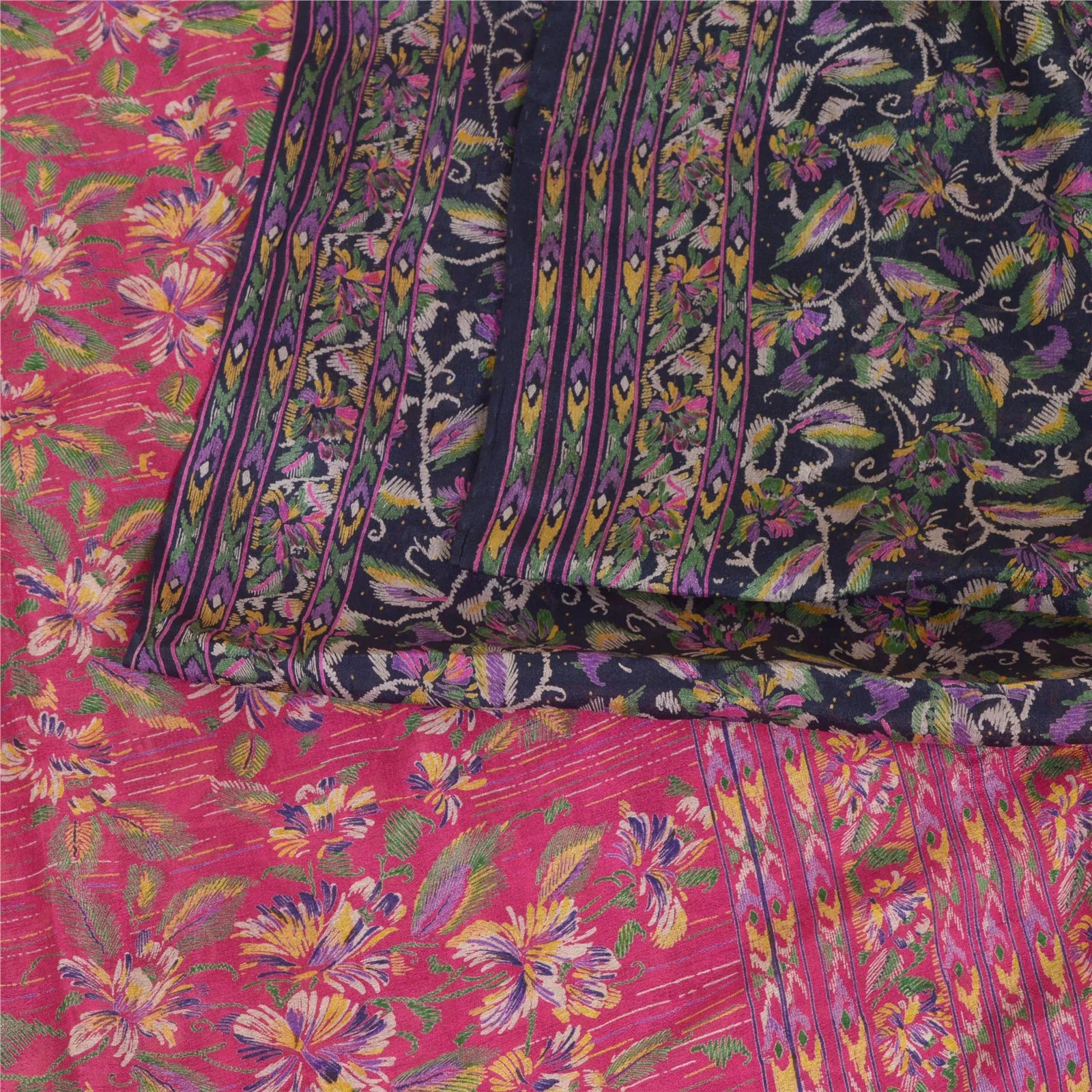 Sanskriti Vintage Sarees Black/Pink 100% Pure Silk Printed Sari 5YD Craft Fabric