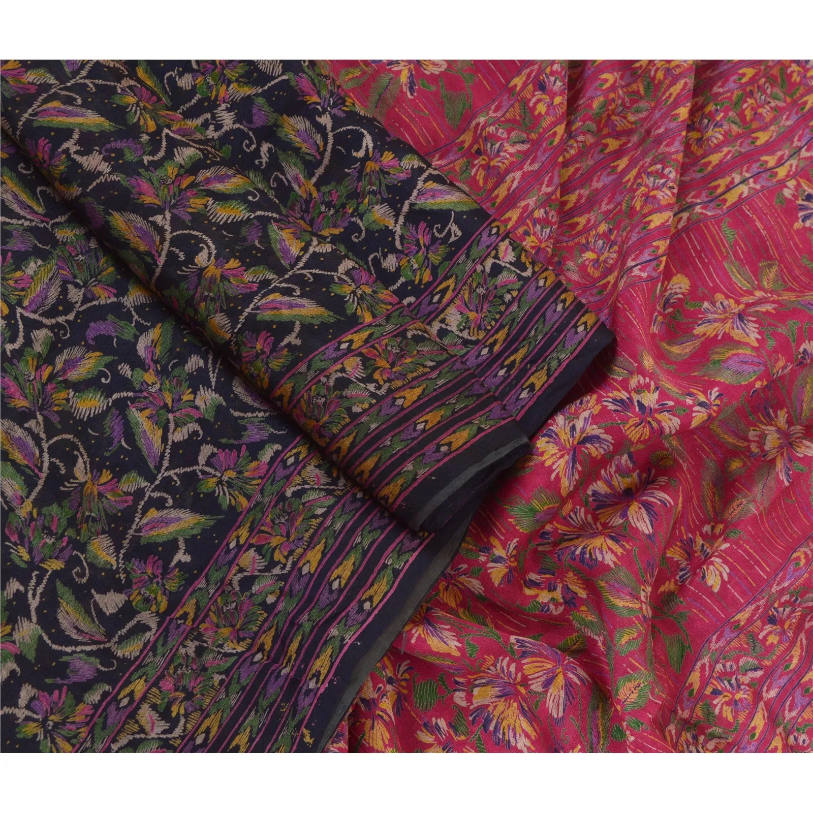 Sanskriti Vintage Sarees Black/Pink 100% Pure Silk Printed Sari 5YD Craft Fabric