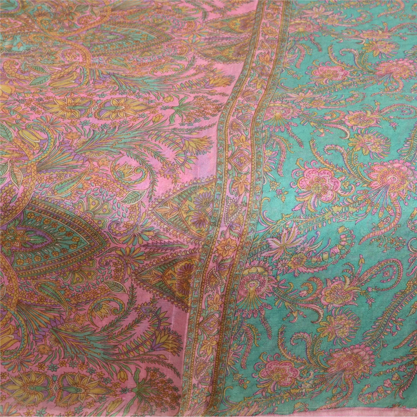 Sanskriti Vintage Sarees Blue/Pink 100% Pure Silk Printed Sari 5yd Craft Fabric