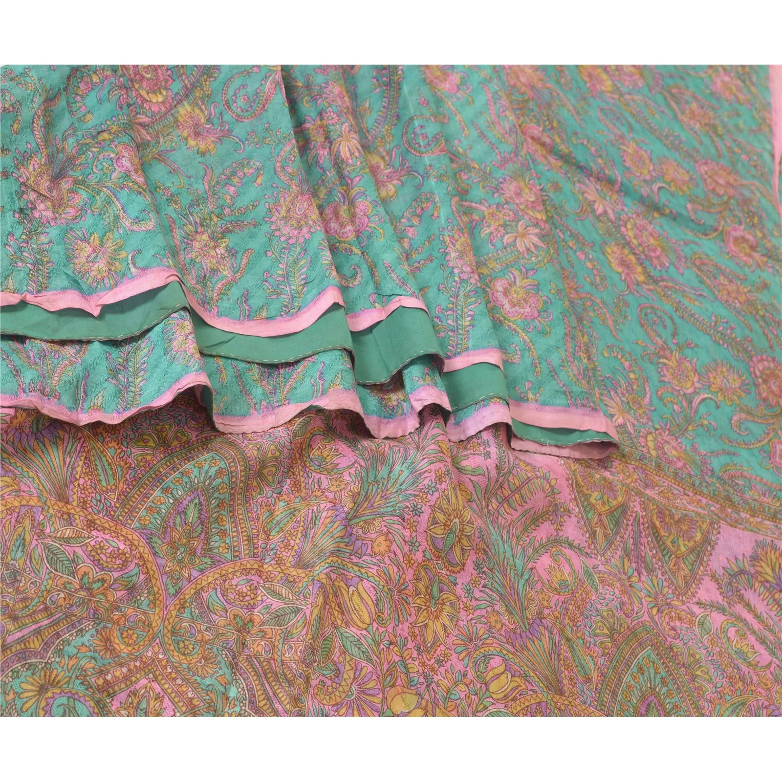 Sanskriti Vintage Sarees Blue/Pink 100% Pure Silk Printed Sari 5yd Craft Fabric