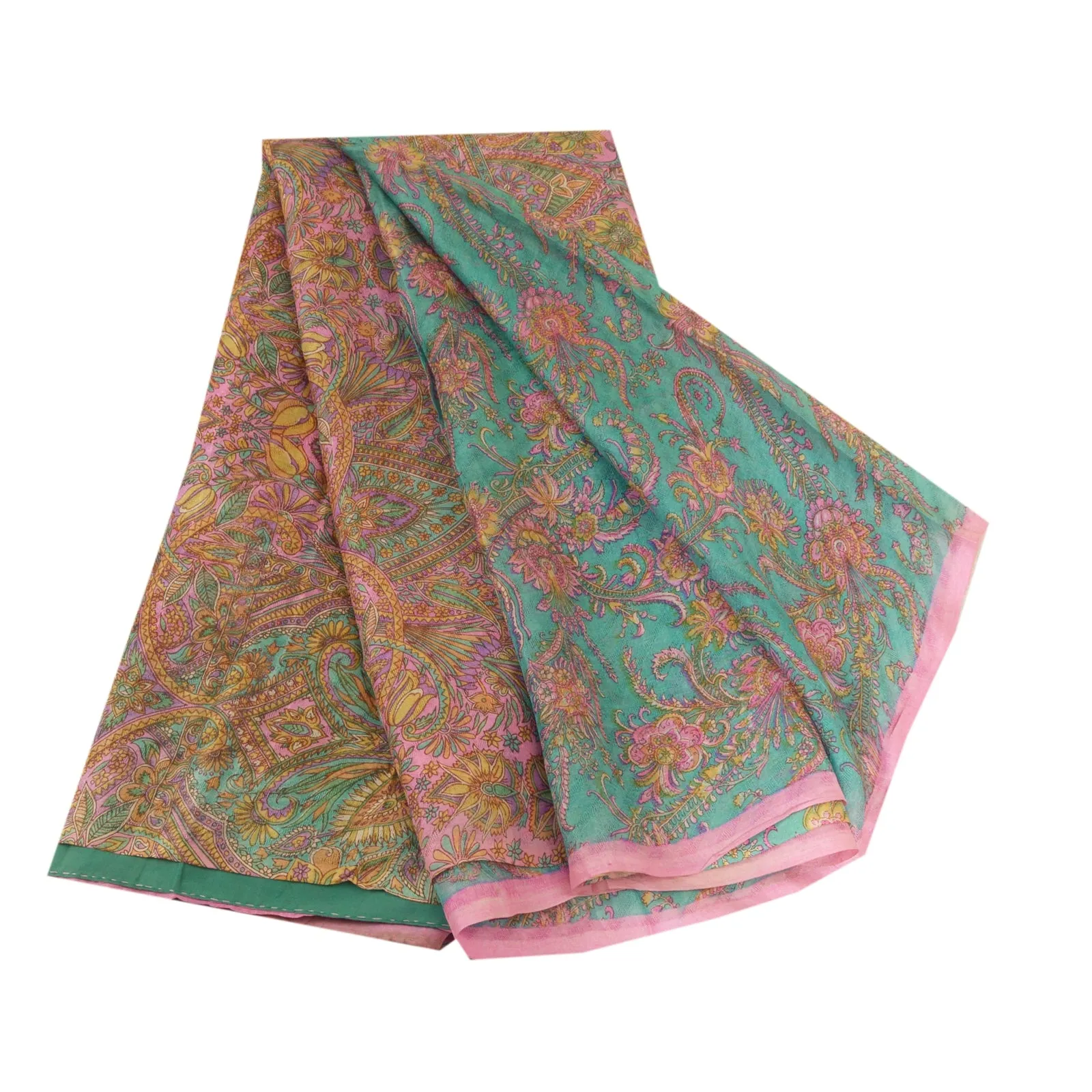 Sanskriti Vintage Sarees Blue/Pink 100% Pure Silk Printed Sari 5yd Craft Fabric