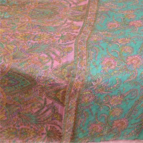 Sanskriti Vintage Sarees Blue/Pink 100% Pure Silk Printed Sari 5yd Craft Fabric