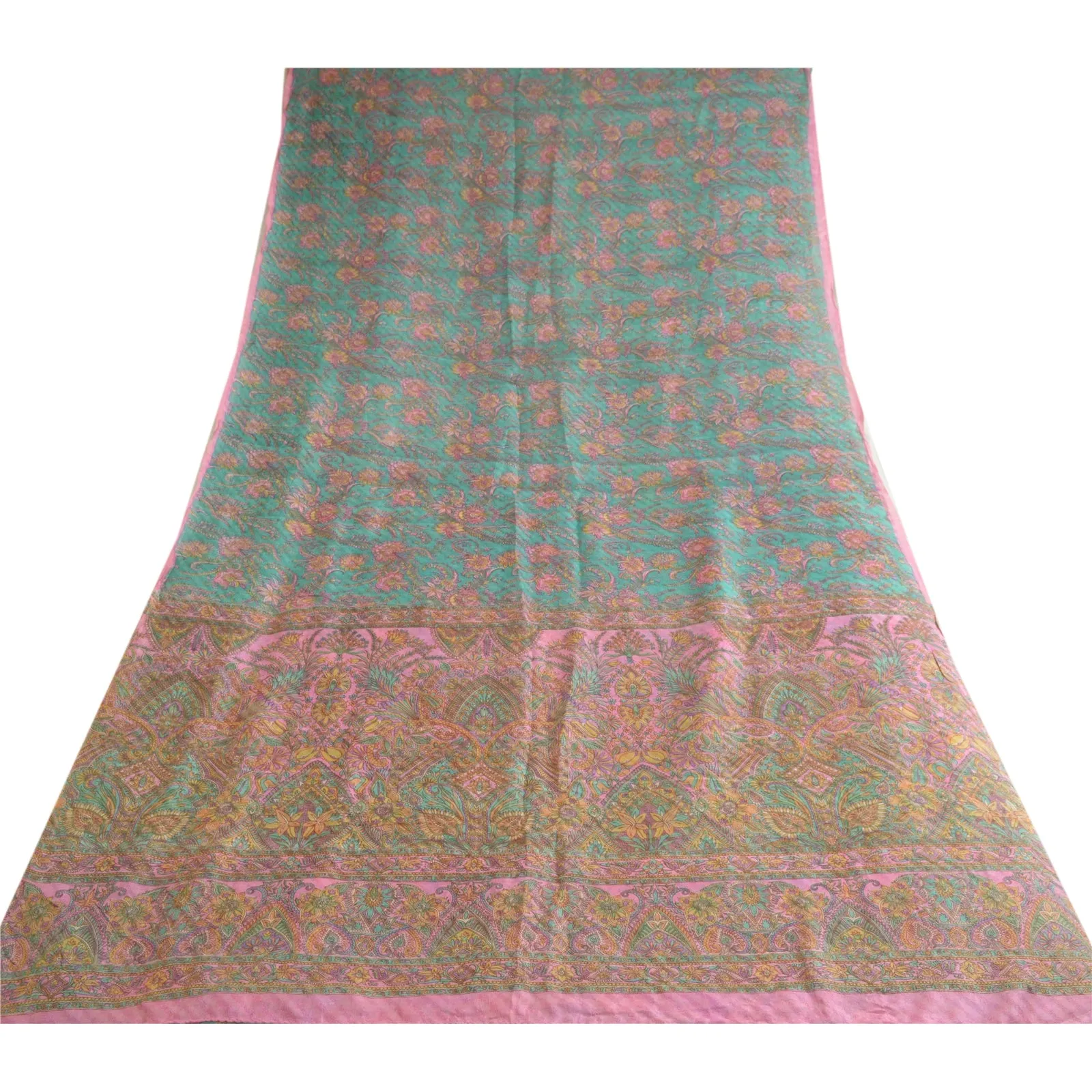 Sanskriti Vintage Sarees Blue/Pink 100% Pure Silk Printed Sari 5yd Craft Fabric