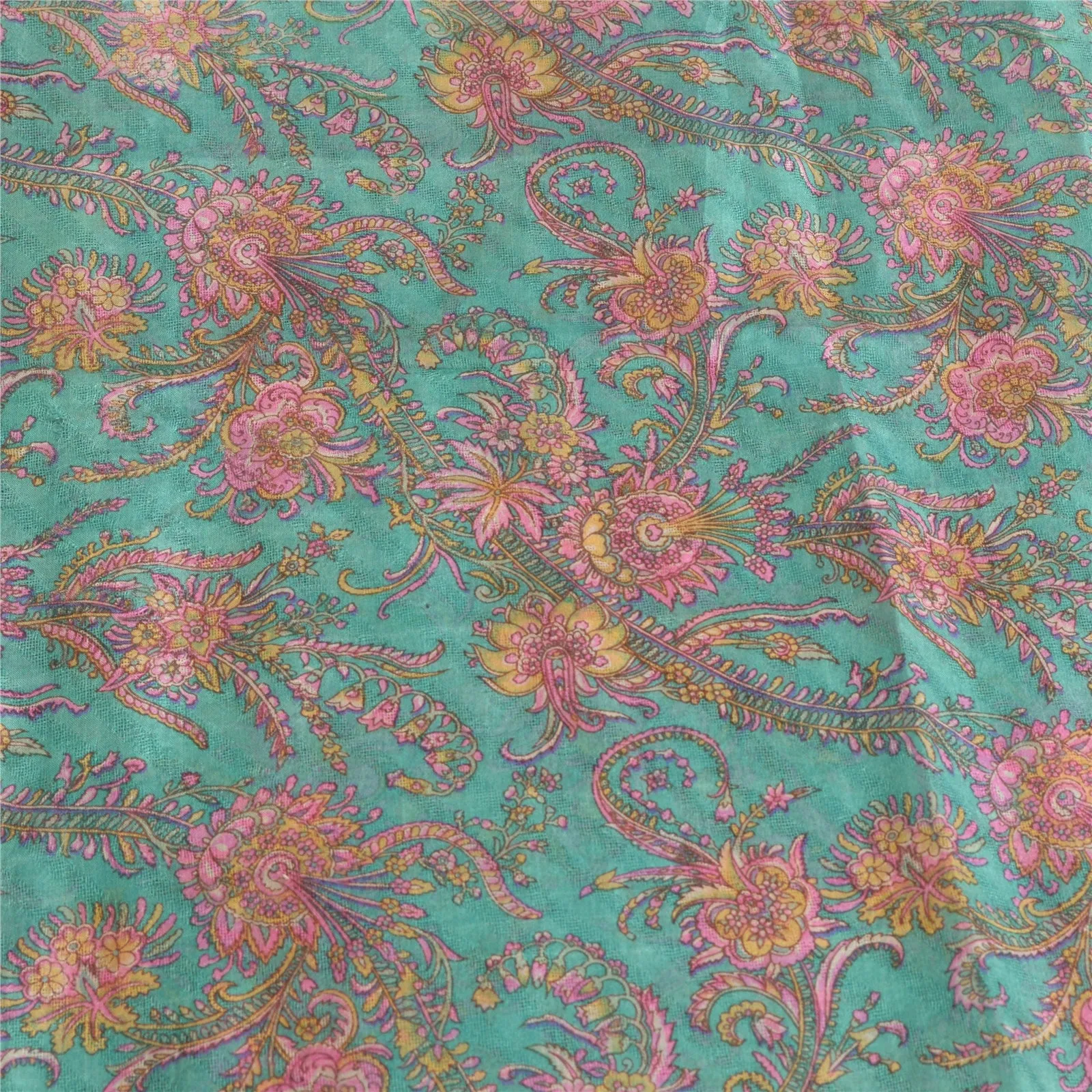 Sanskriti Vintage Sarees Blue/Pink 100% Pure Silk Printed Sari 5yd Craft Fabric