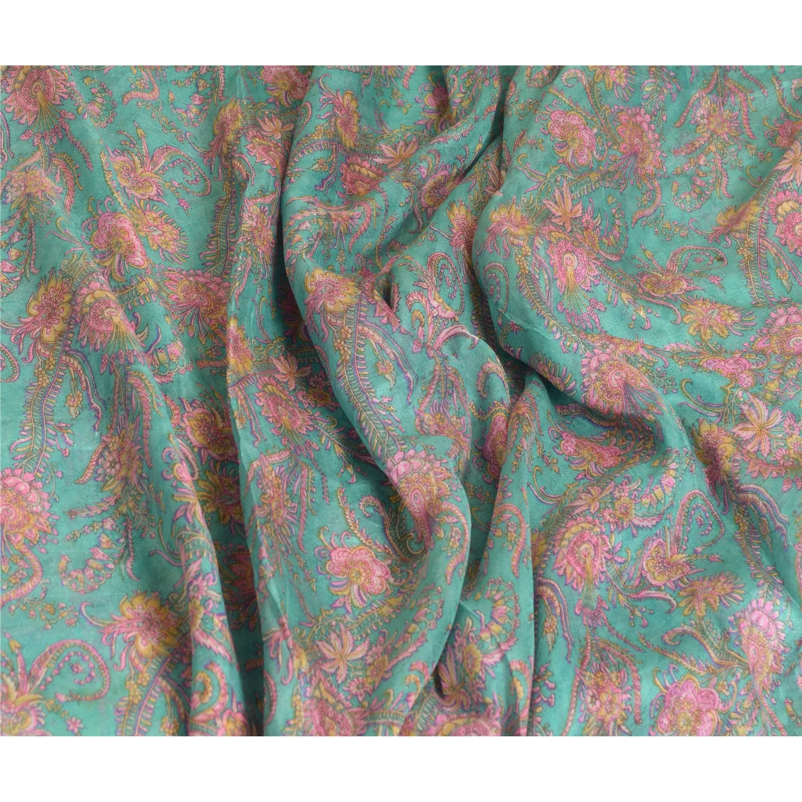 Sanskriti Vintage Sarees Blue/Pink 100% Pure Silk Printed Sari 5yd Craft Fabric