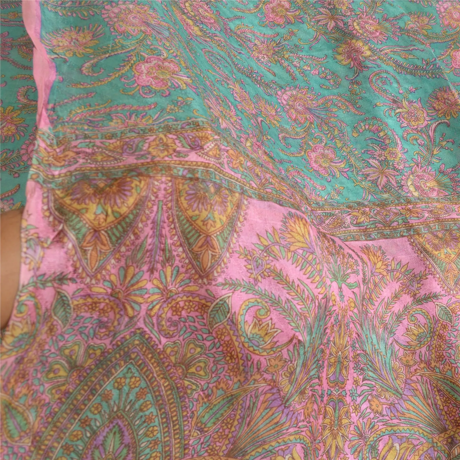 Sanskriti Vintage Sarees Blue/Pink 100% Pure Silk Printed Sari 5yd Craft Fabric