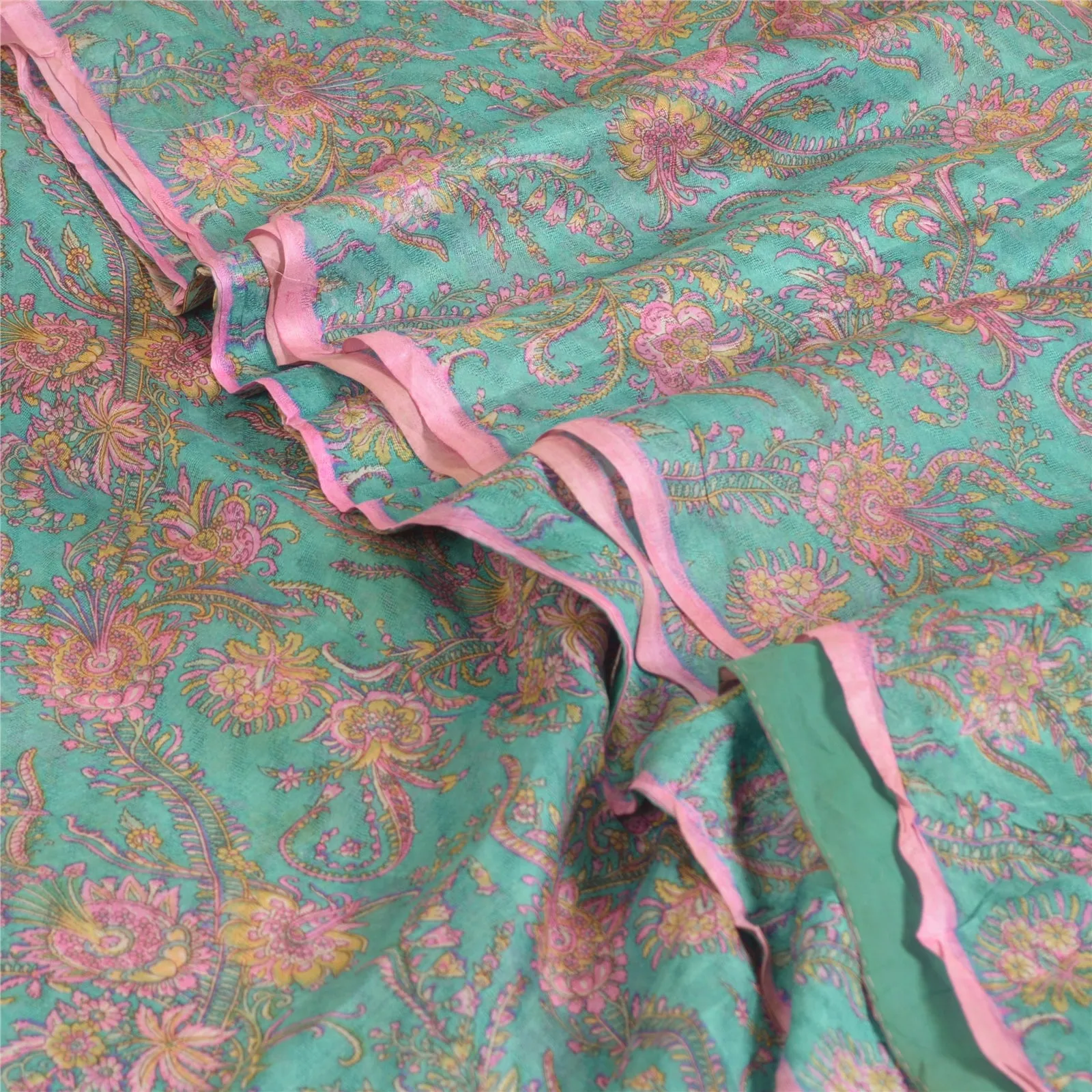 Sanskriti Vintage Sarees Blue/Pink 100% Pure Silk Printed Sari 5yd Craft Fabric