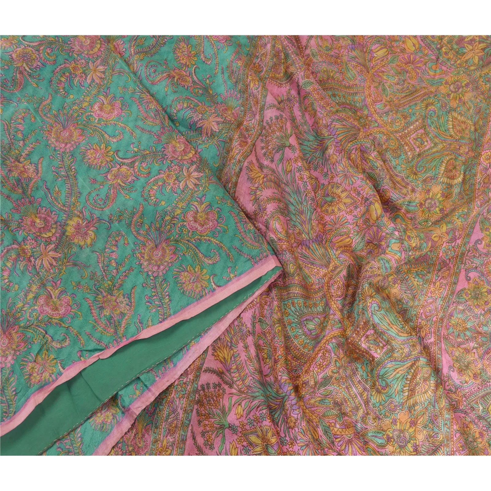 Sanskriti Vintage Sarees Blue/Pink 100% Pure Silk Printed Sari 5yd Craft Fabric