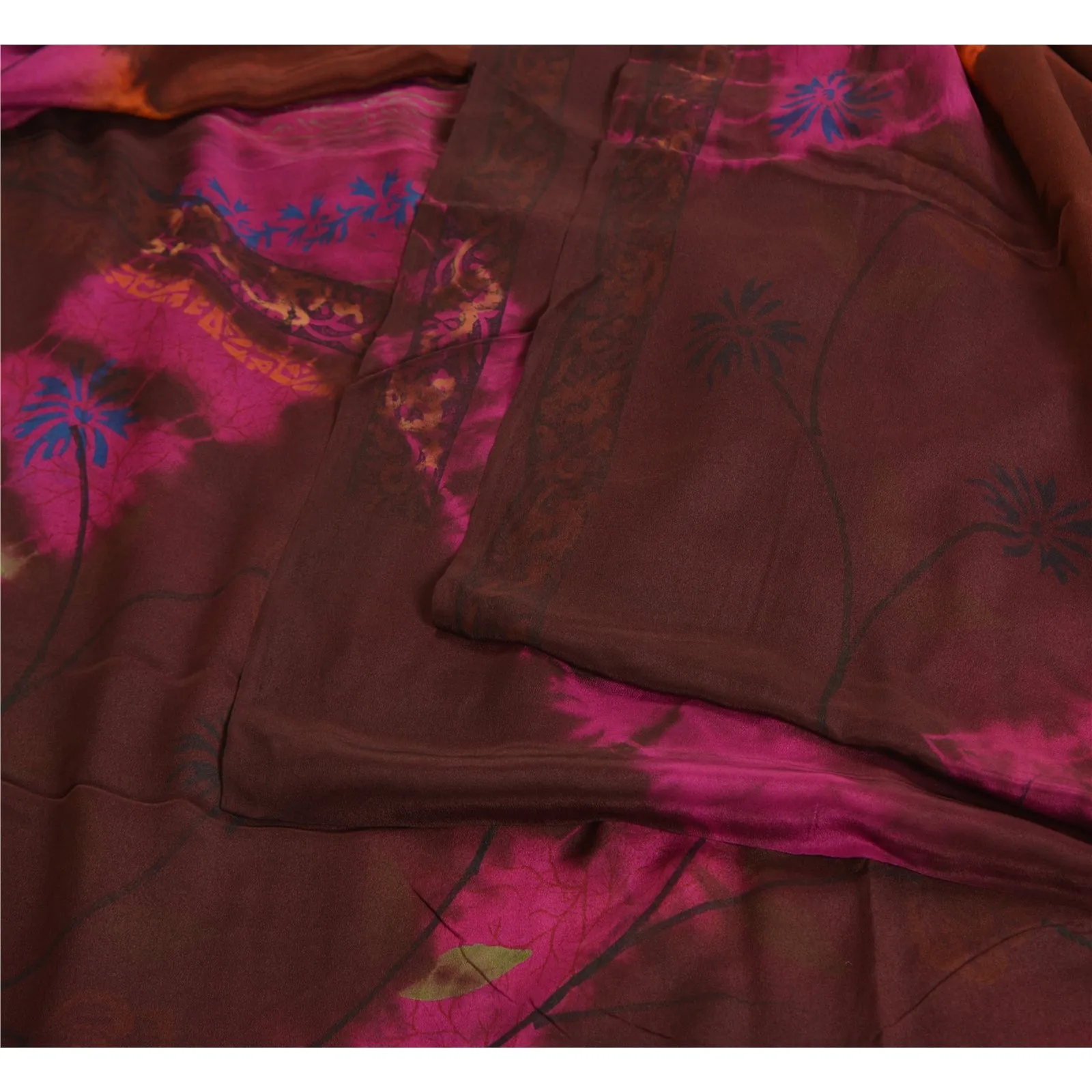 Sanskriti Vintage Sarees Brown Tie-Dye Pure Crepe Silk Printed Sari Craft Fabric