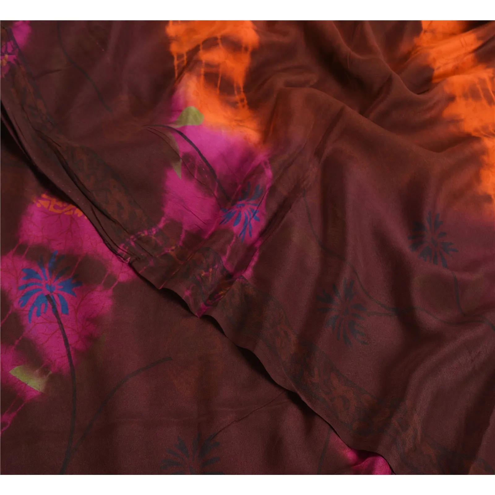 Sanskriti Vintage Sarees Brown Tie-Dye Pure Crepe Silk Printed Sari Craft Fabric