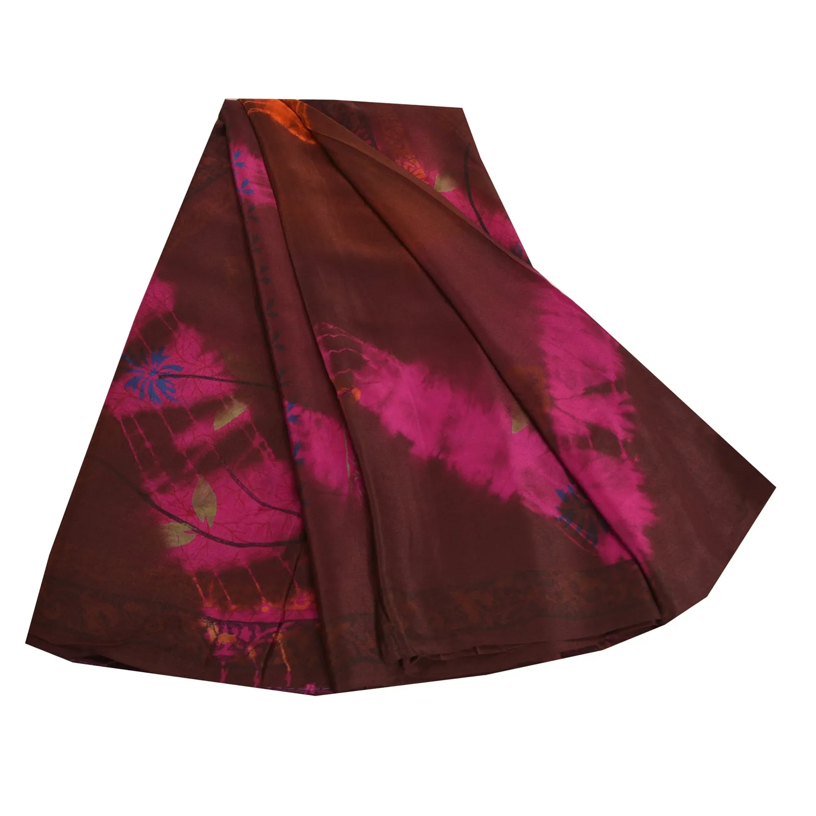 Sanskriti Vintage Sarees Brown Tie-Dye Pure Crepe Silk Printed Sari Craft Fabric