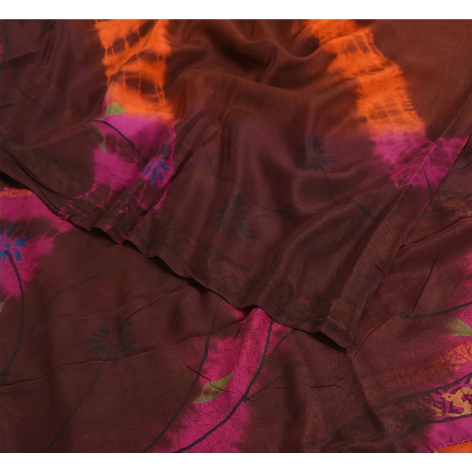 Sanskriti Vintage Sarees Brown Tie-Dye Pure Crepe Silk Printed Sari Craft Fabric