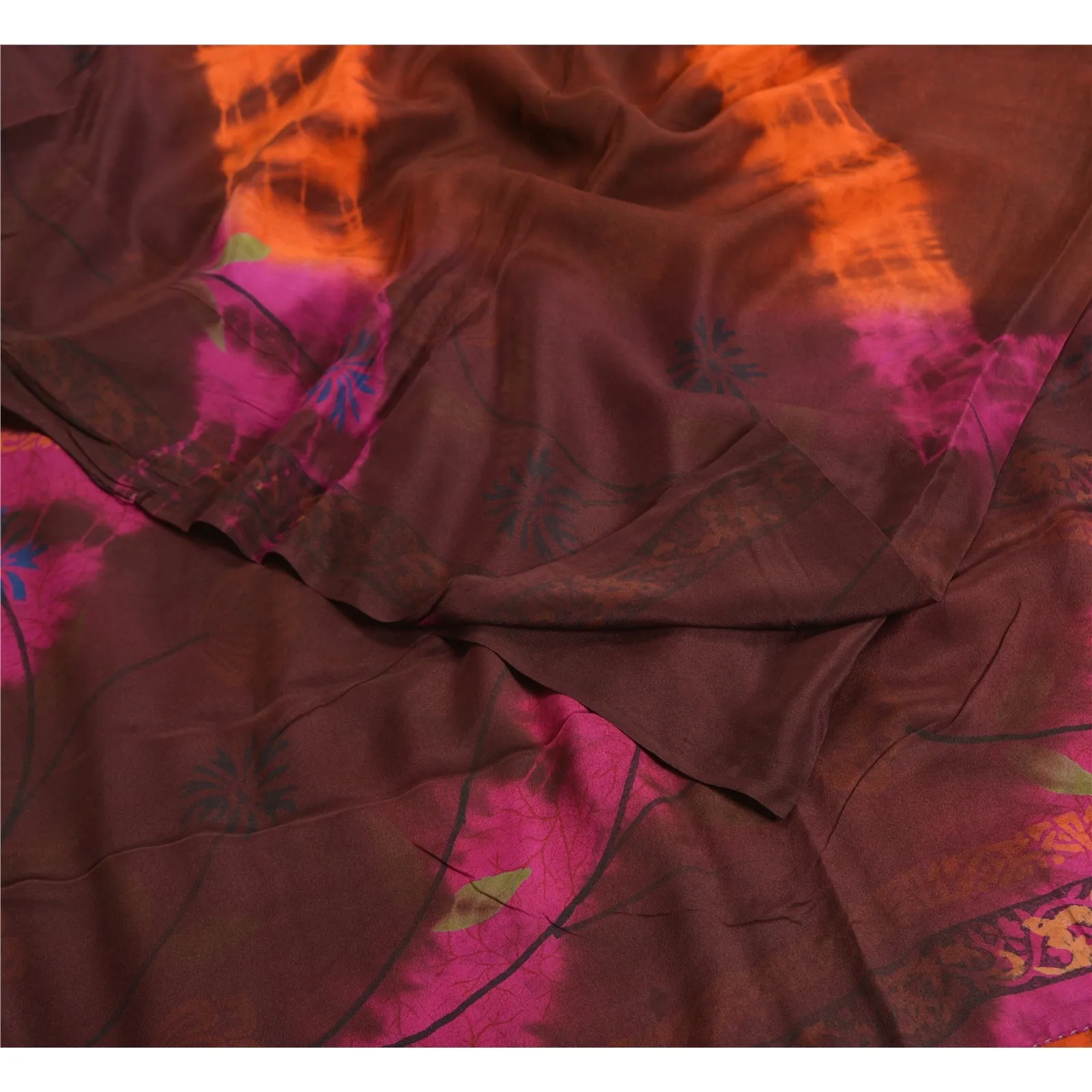 Sanskriti Vintage Sarees Brown Tie-Dye Pure Crepe Silk Printed Sari Craft Fabric