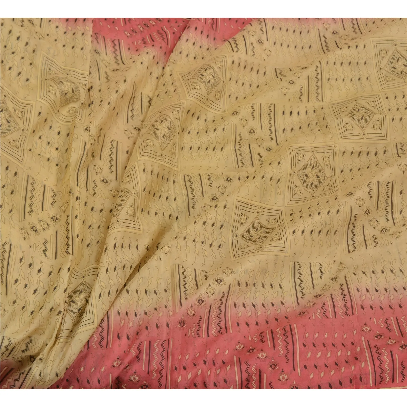 Sanskriti Vintage Sarees Cream/Pink Zari Border Pure Silk Printed Sari Fabric