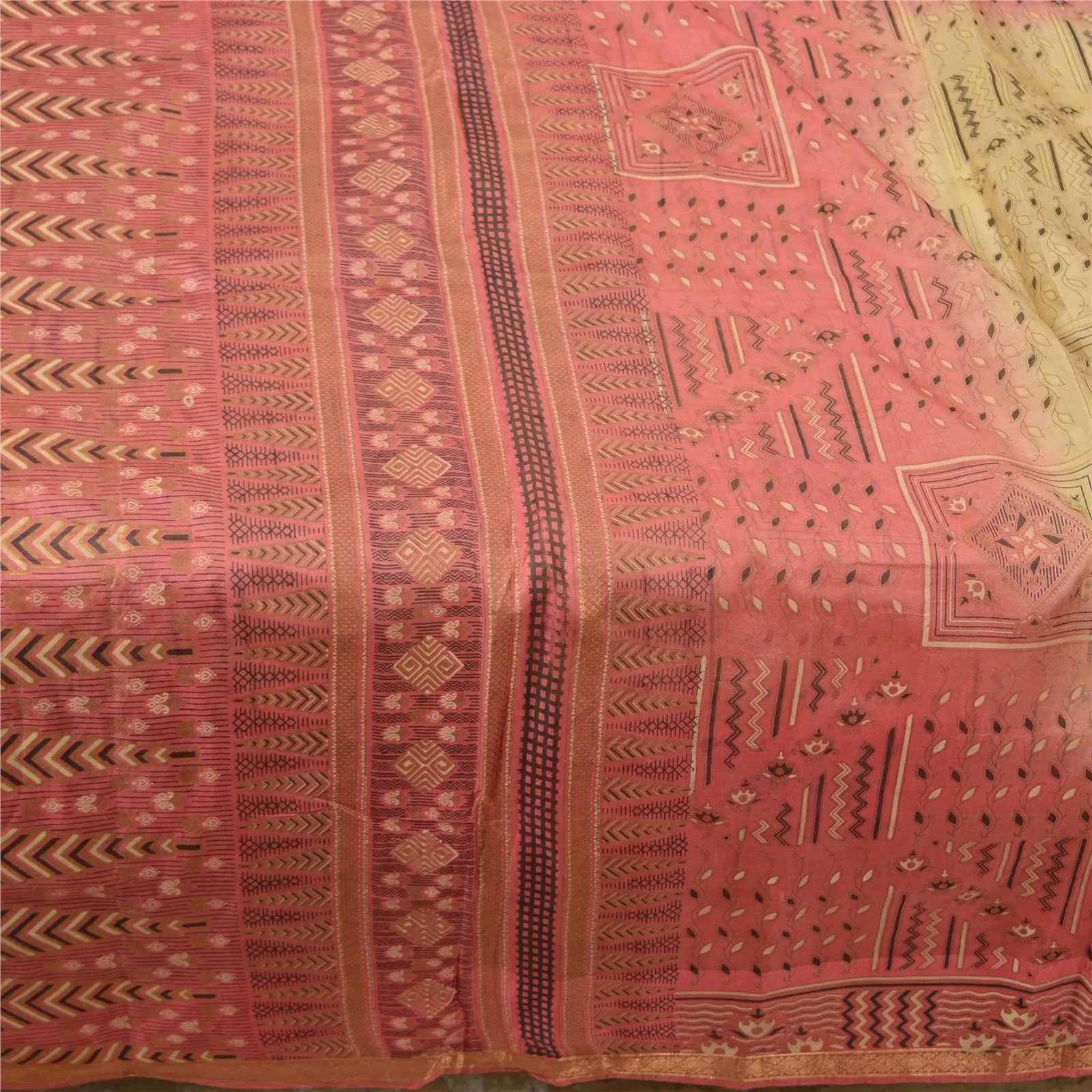 Sanskriti Vintage Sarees Cream/Pink Zari Border Pure Silk Printed Sari Fabric