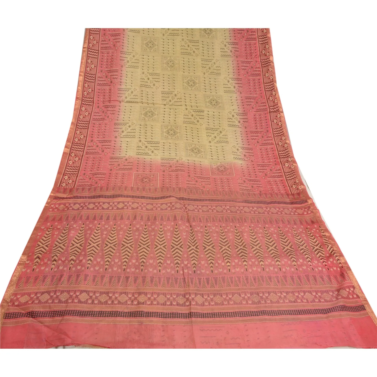 Sanskriti Vintage Sarees Cream/Pink Zari Border Pure Silk Printed Sari Fabric