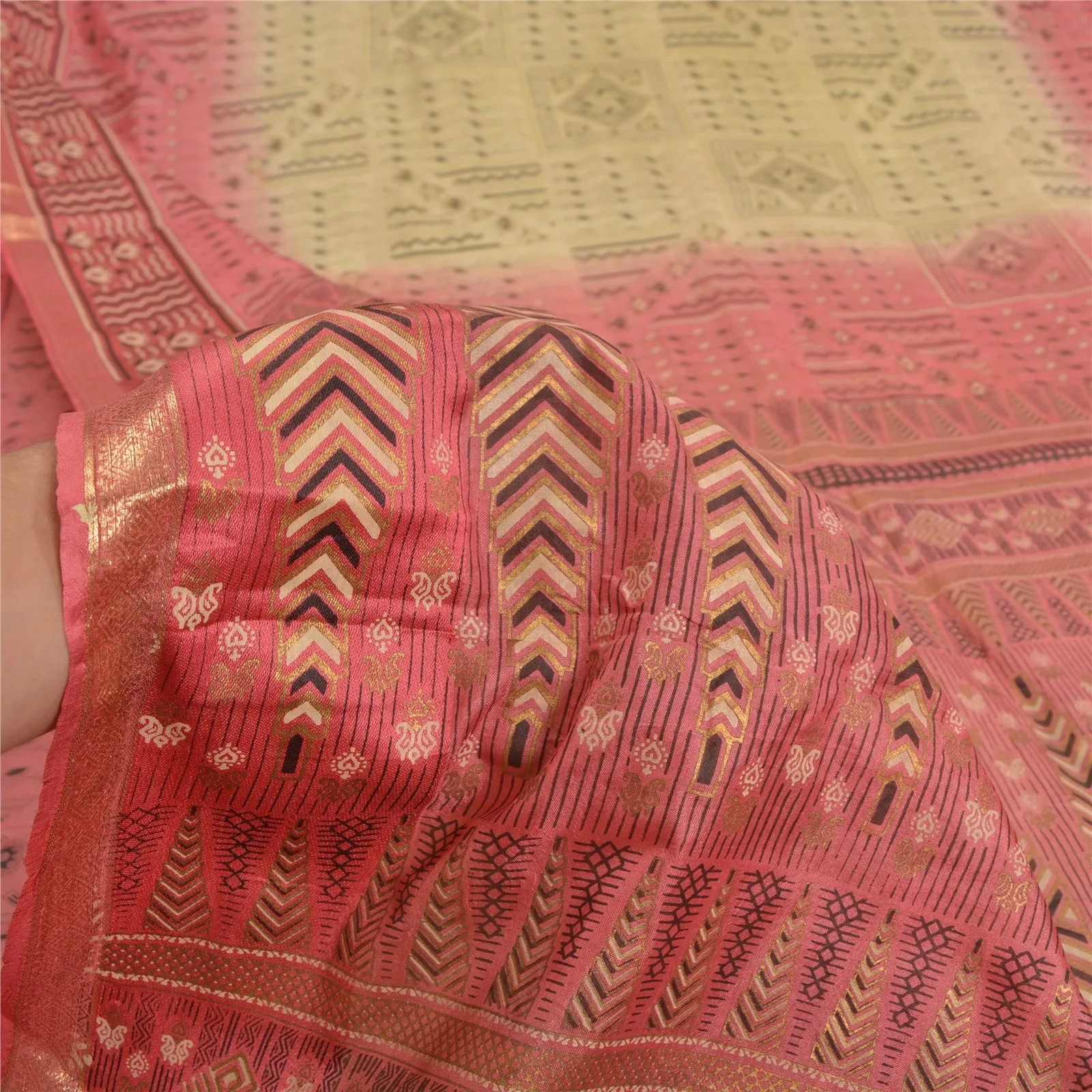 Sanskriti Vintage Sarees Cream/Pink Zari Border Pure Silk Printed Sari Fabric