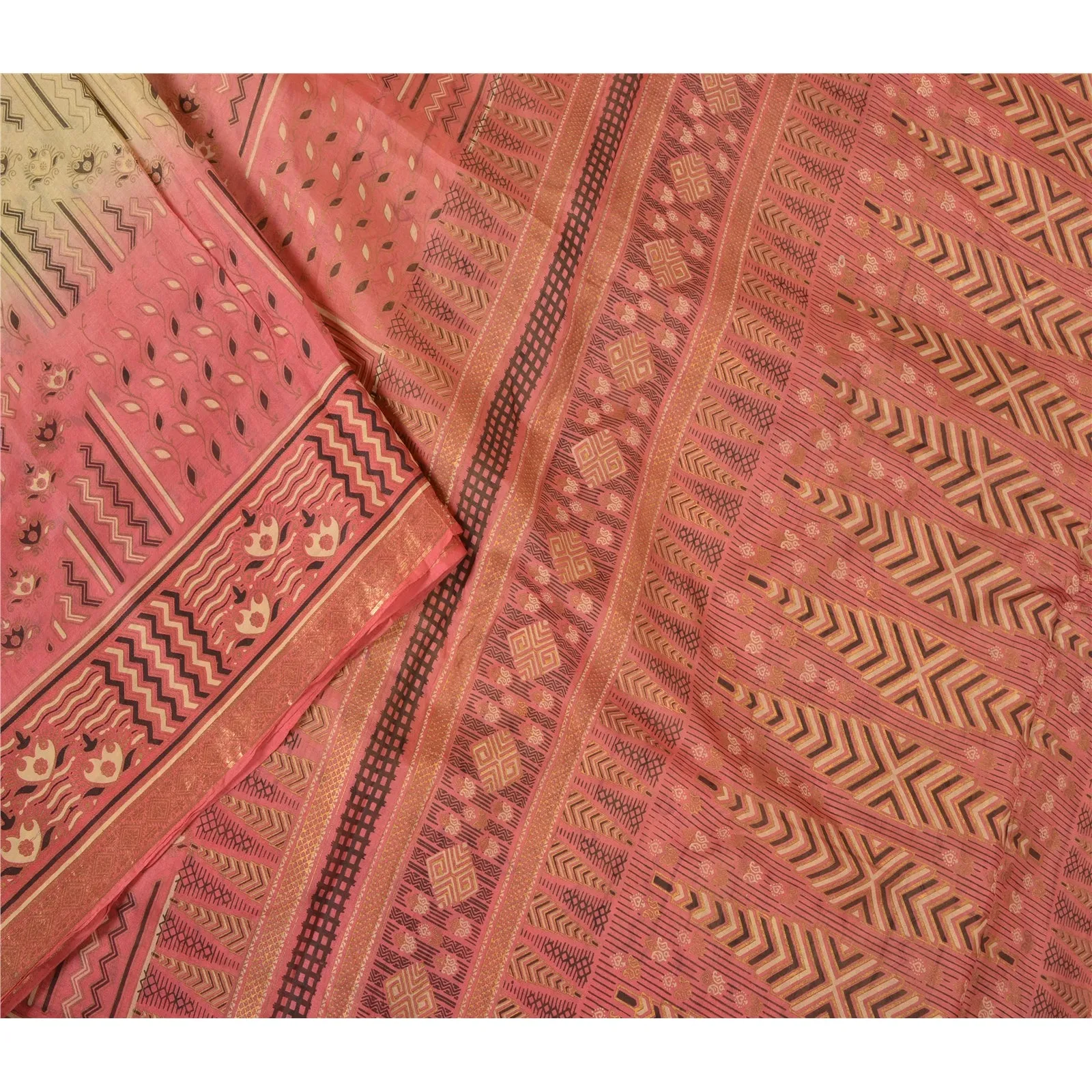 Sanskriti Vintage Sarees Cream/Pink Zari Border Pure Silk Printed Sari Fabric