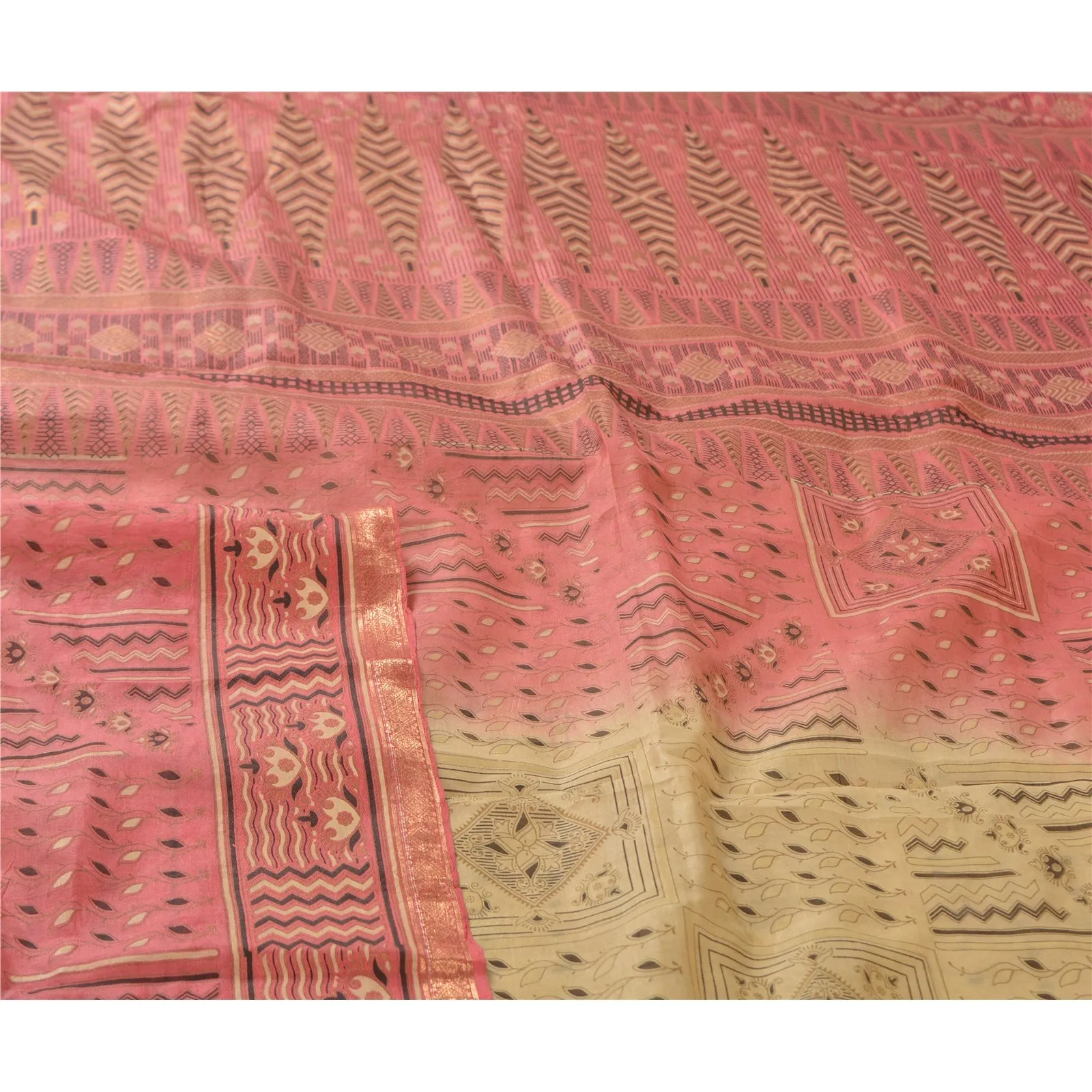 Sanskriti Vintage Sarees Cream/Pink Zari Border Pure Silk Printed Sari Fabric