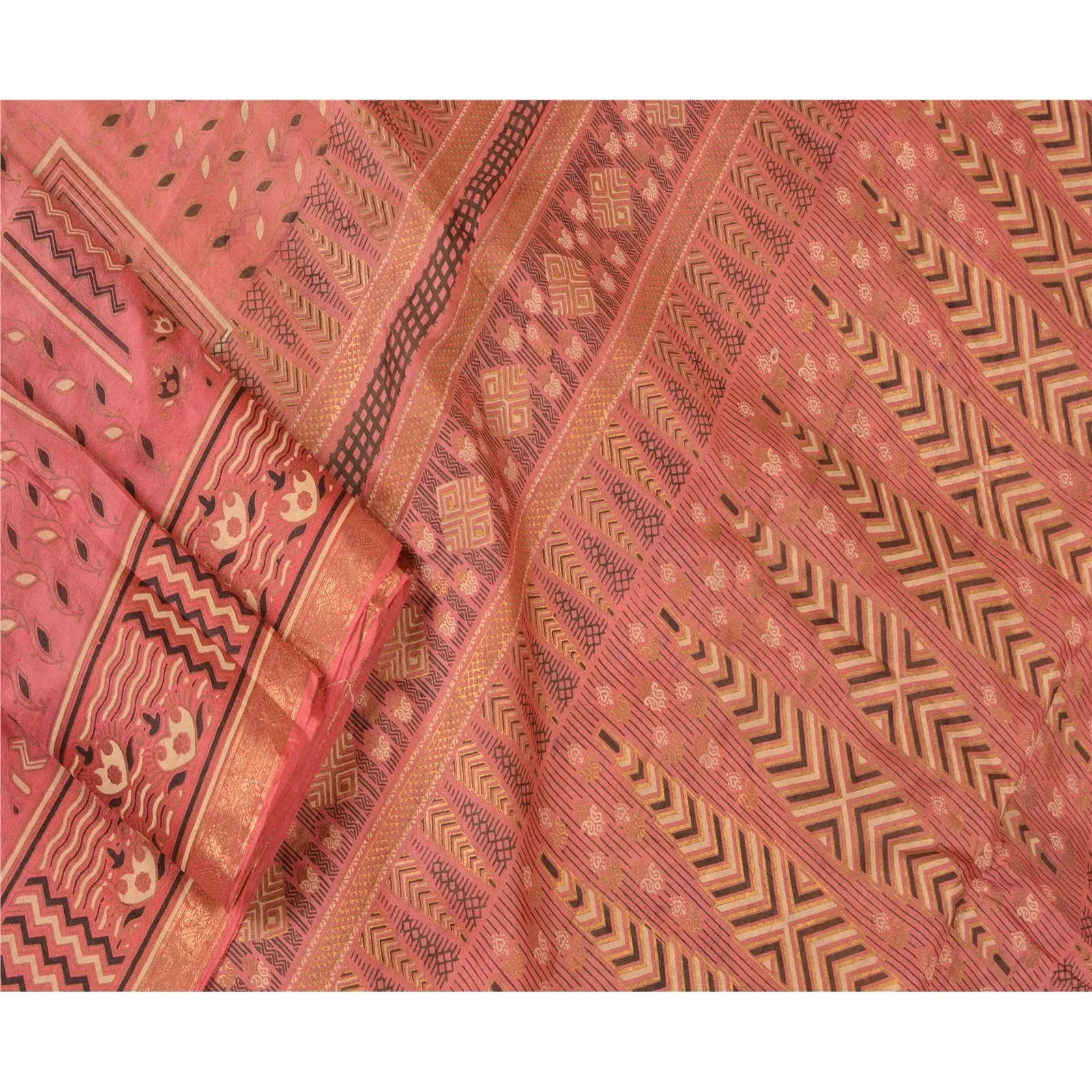 Sanskriti Vintage Sarees Cream/Pink Zari Border Pure Silk Printed Sari Fabric