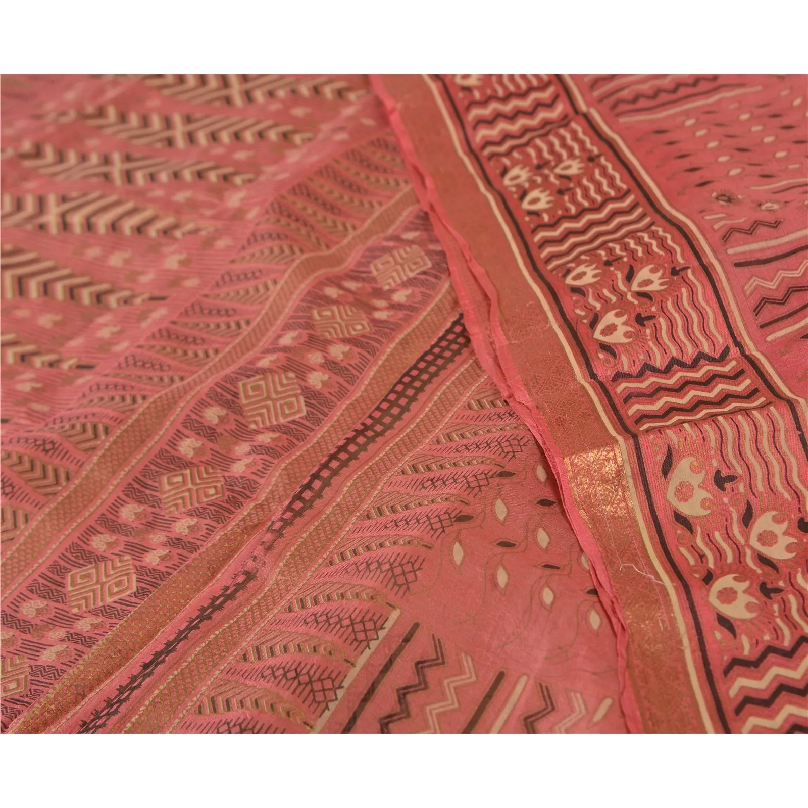 Sanskriti Vintage Sarees Cream/Pink Zari Border Pure Silk Printed Sari Fabric