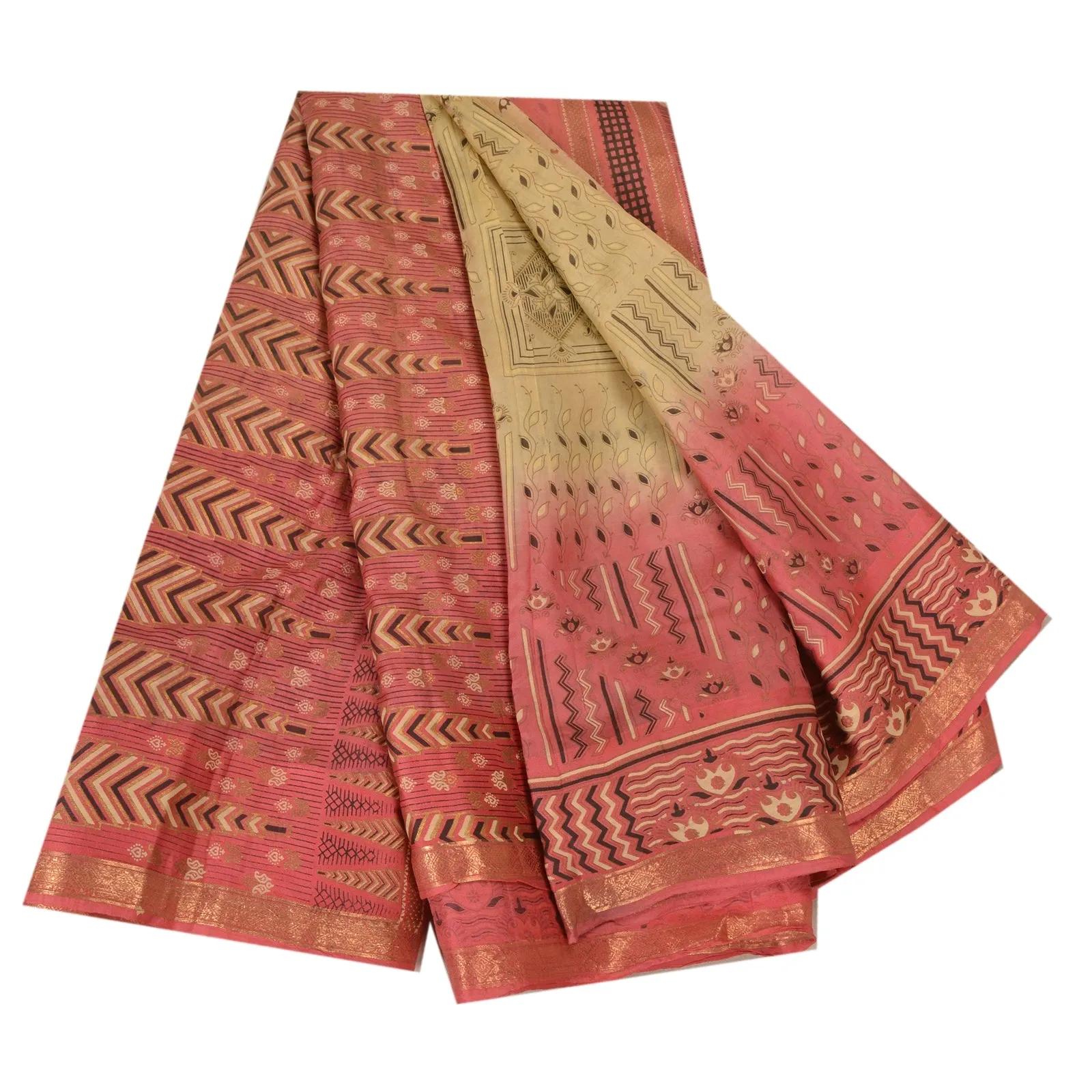 Sanskriti Vintage Sarees Cream/Pink Zari Border Pure Silk Printed Sari Fabric