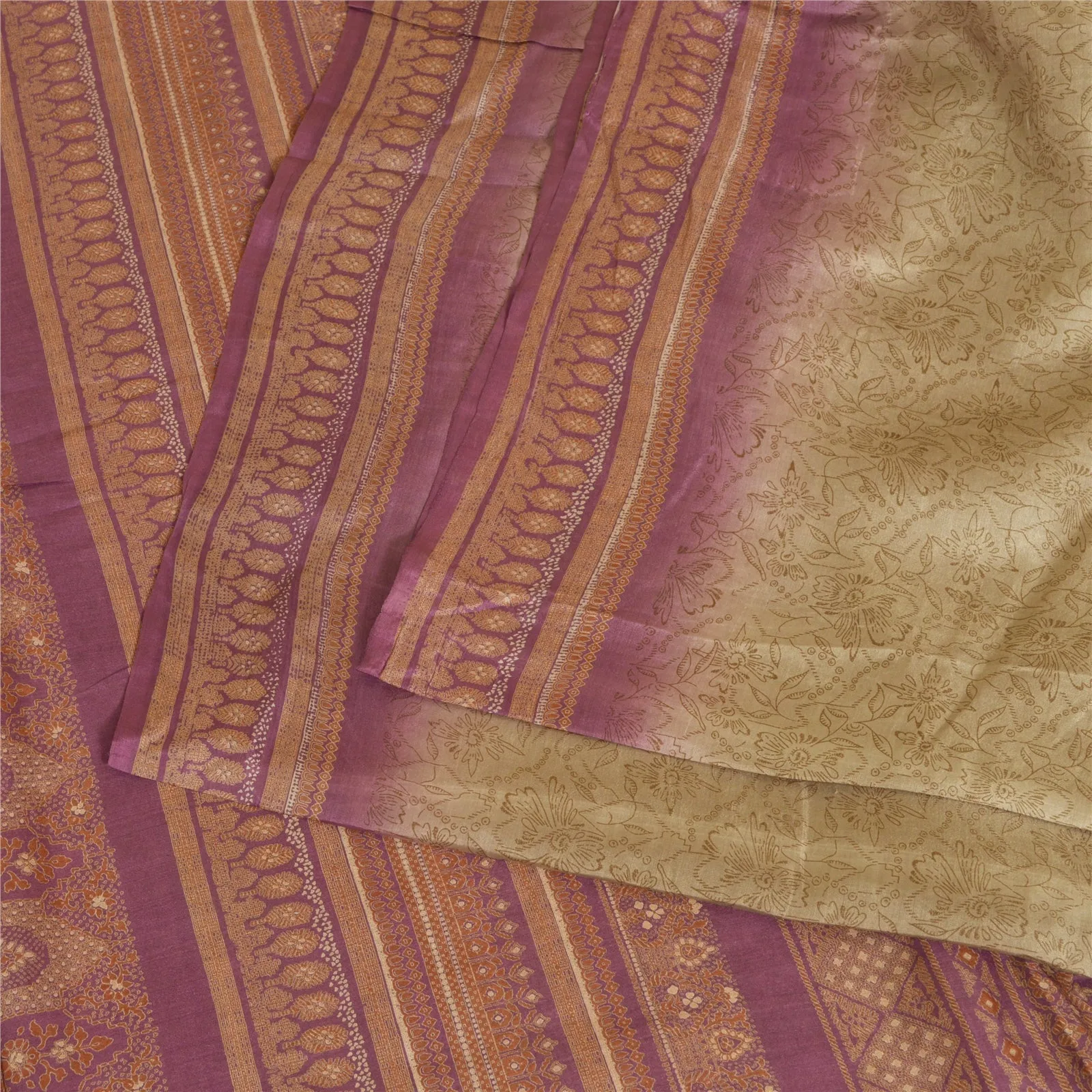 Sanskriti Vintage Sarees Cream/Purple 100% Pure Silk Printed Sari Craft Fabric