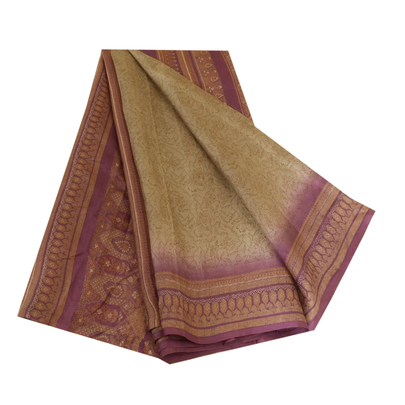 Sanskriti Vintage Sarees Cream/Purple 100% Pure Silk Printed Sari Craft Fabric